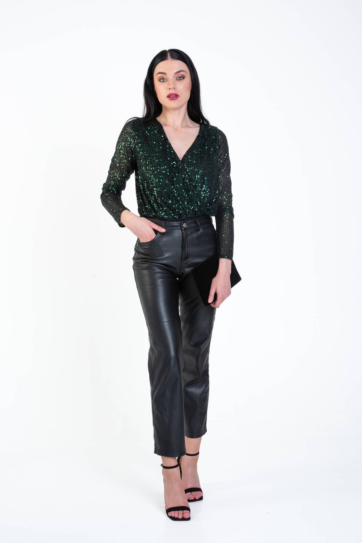 Green Sequin Wrap Long Sleeves Bodysuit – View 1 | Gini London