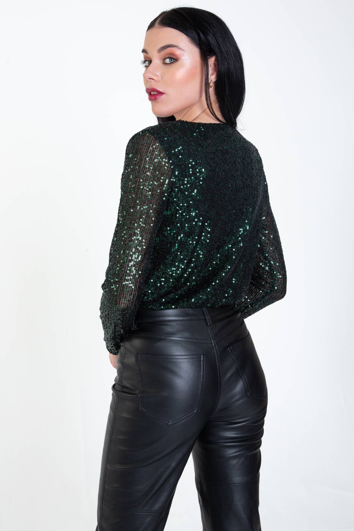 Green Sequin Wrap Long Sleeves Bodysuit – View 2 | Gini London