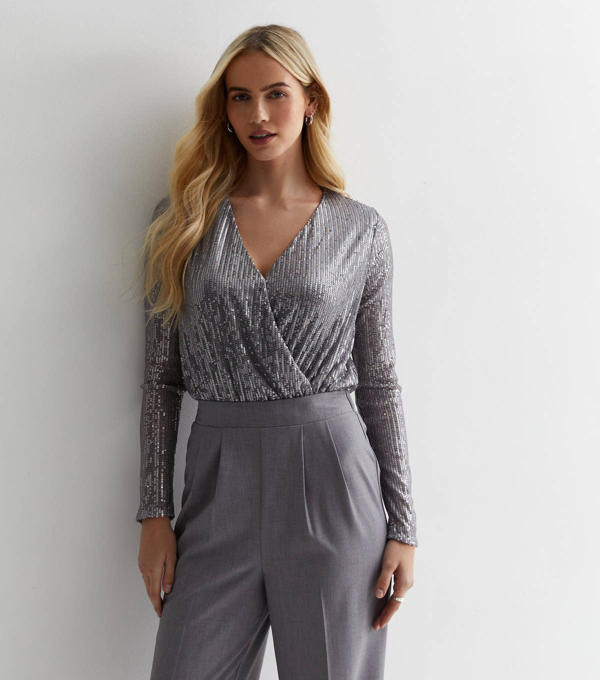 Gun Metal Sequin Wrap Long Sleeves Bodysuit – View 1 | Gini London
