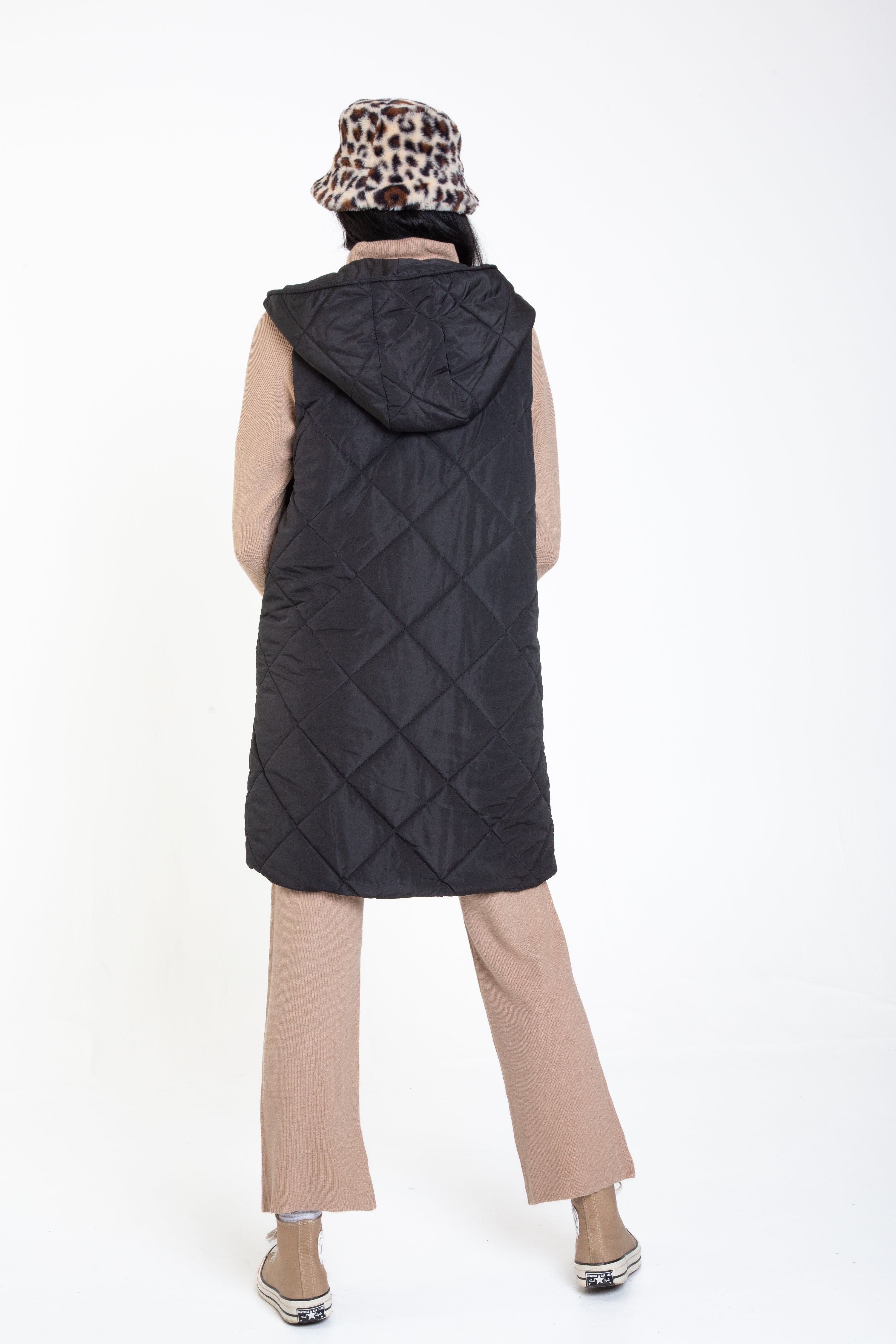 Black Longline Padded Gilet with Hood