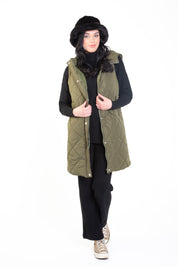 Khaki Longline Padded Gilet with Hood