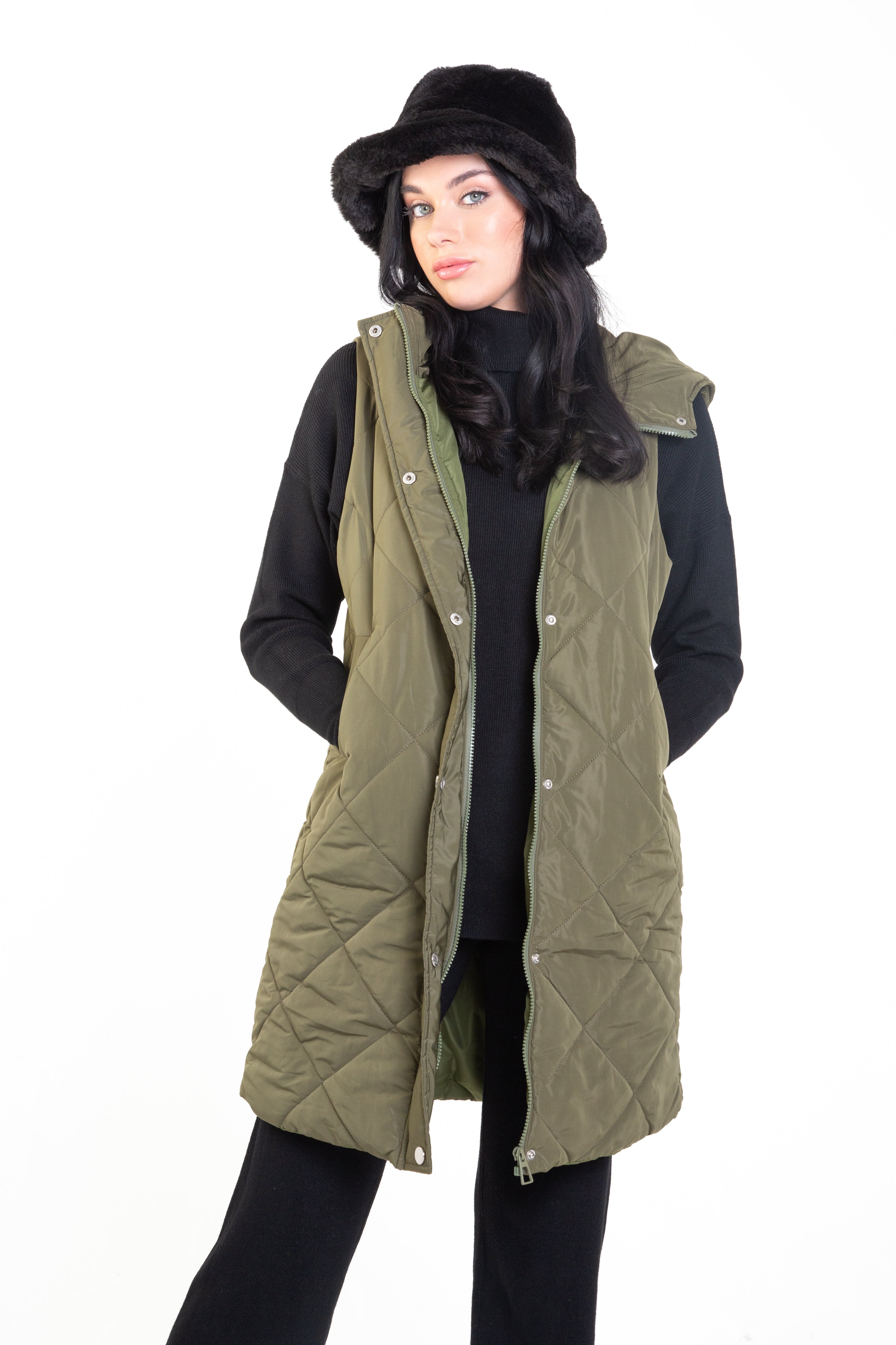 Khaki Longline Padded Gilet with Hood