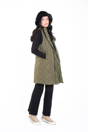 Khaki Longline Padded Gilet with Hood