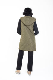 Khaki Longline Padded Gilet with Hood