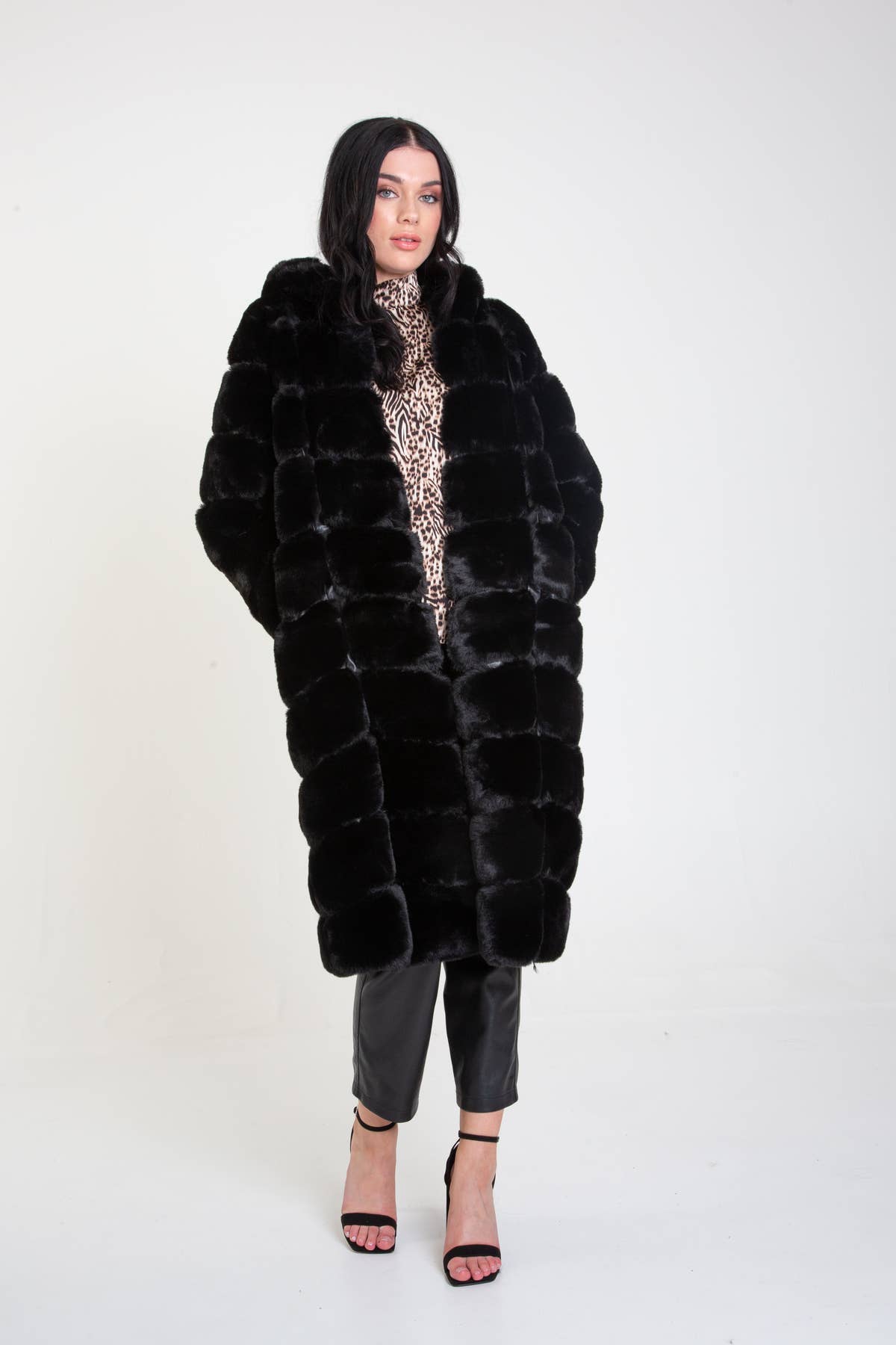 Black Panelled Hooded Longline Fur Coat – View 3 | Gini London