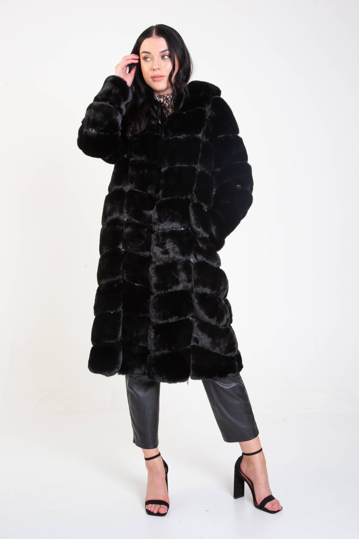 Black Panelled Hooded Longline Fur Coat – View 2 | Gini London