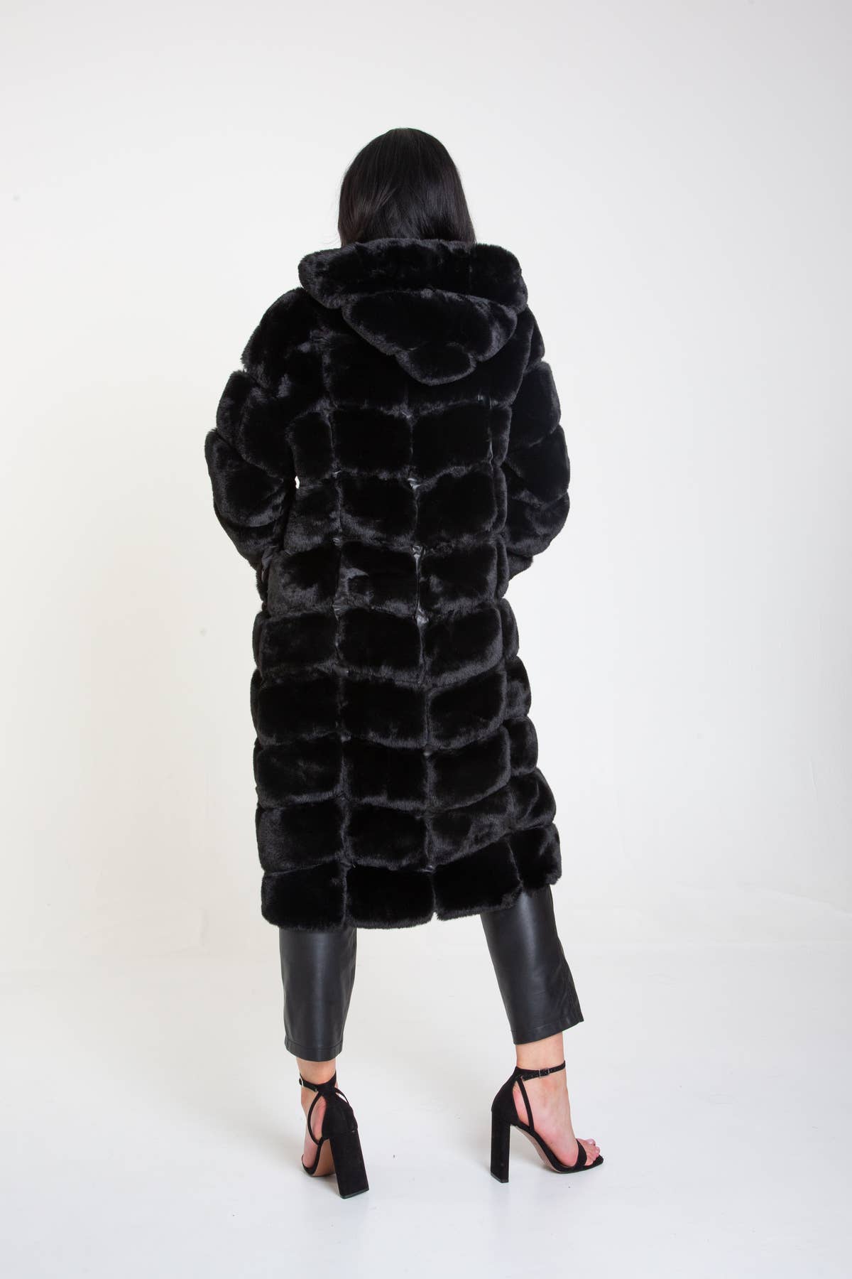 Black Panelled Hooded Longline Fur Coat – View 4 | Gini London