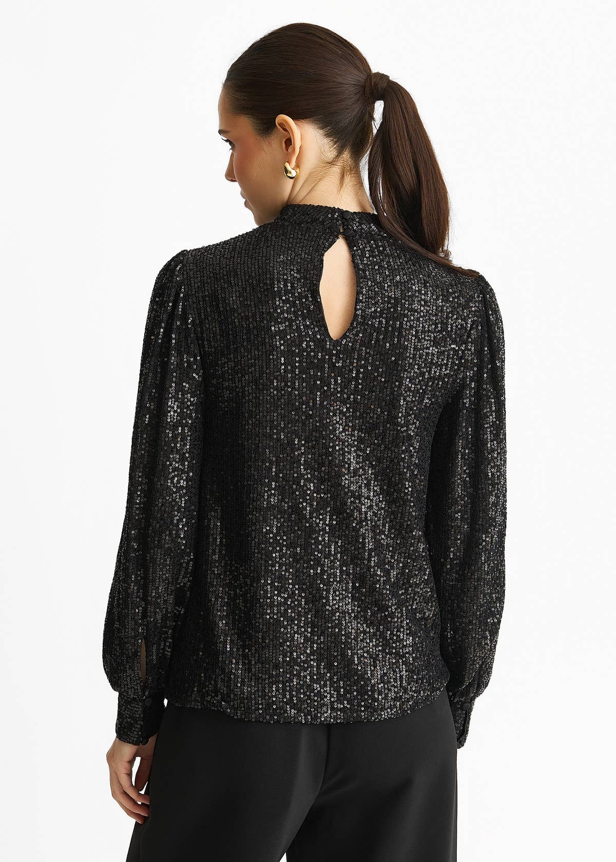 Black Sequin High Neck Loose Fit Blouse – View 2 | Gini London