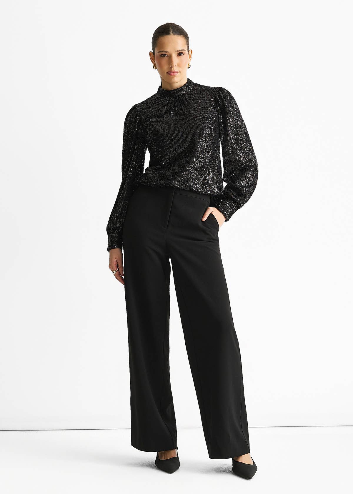 Black Sequin High Neck Loose Fit Blouse – View 4 | Gini London