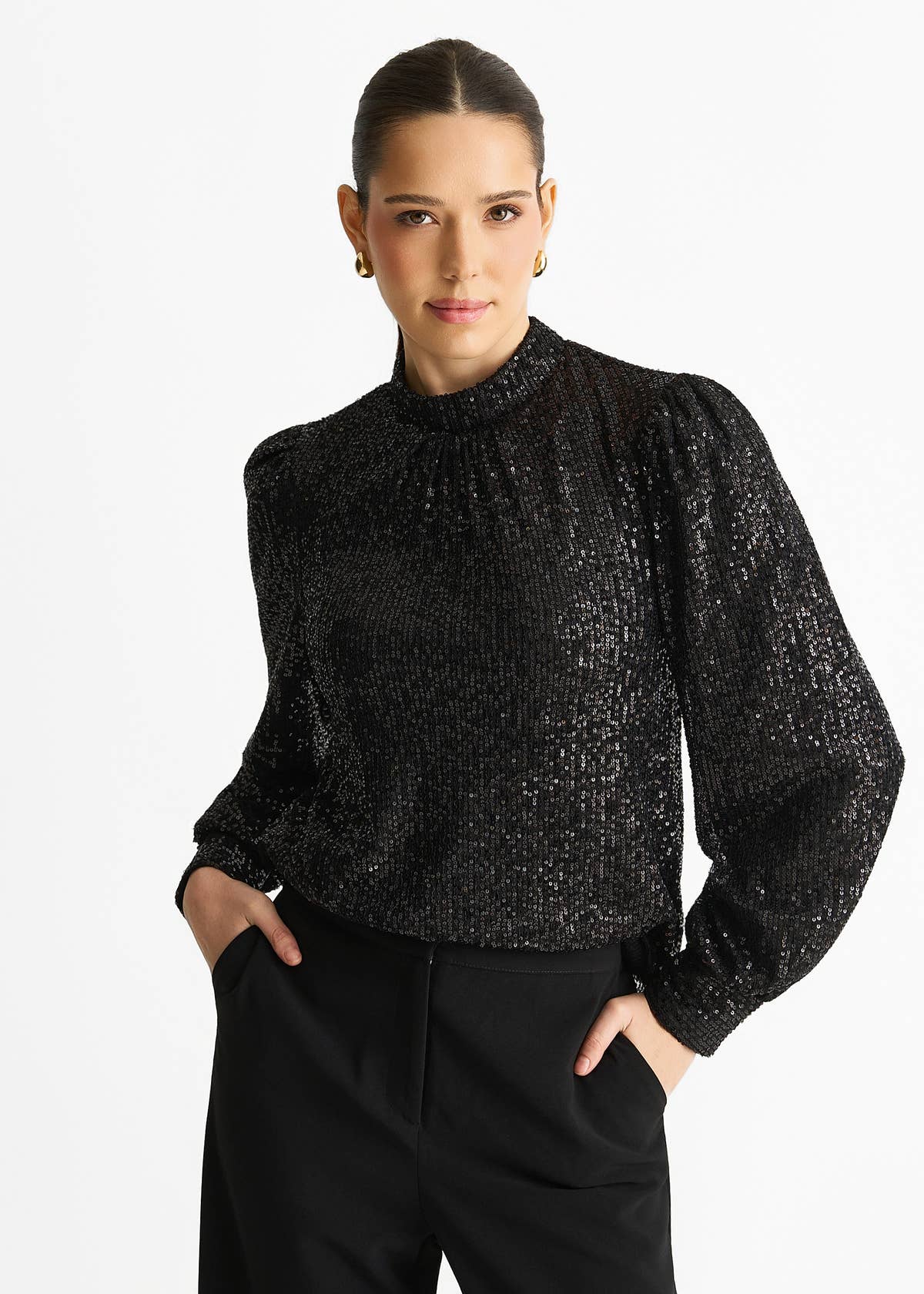 Black Sequin High Neck Loose Fit Blouse – View 1 | Gini London