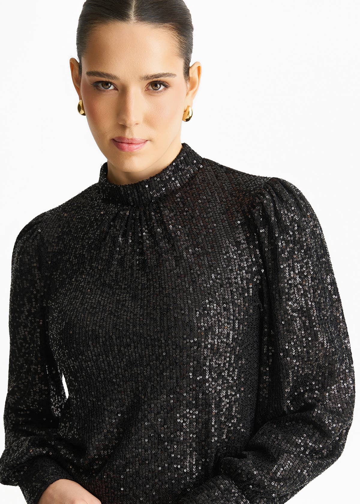 Black Sequin High Neck Loose Fit Blouse – View 3 | Gini London