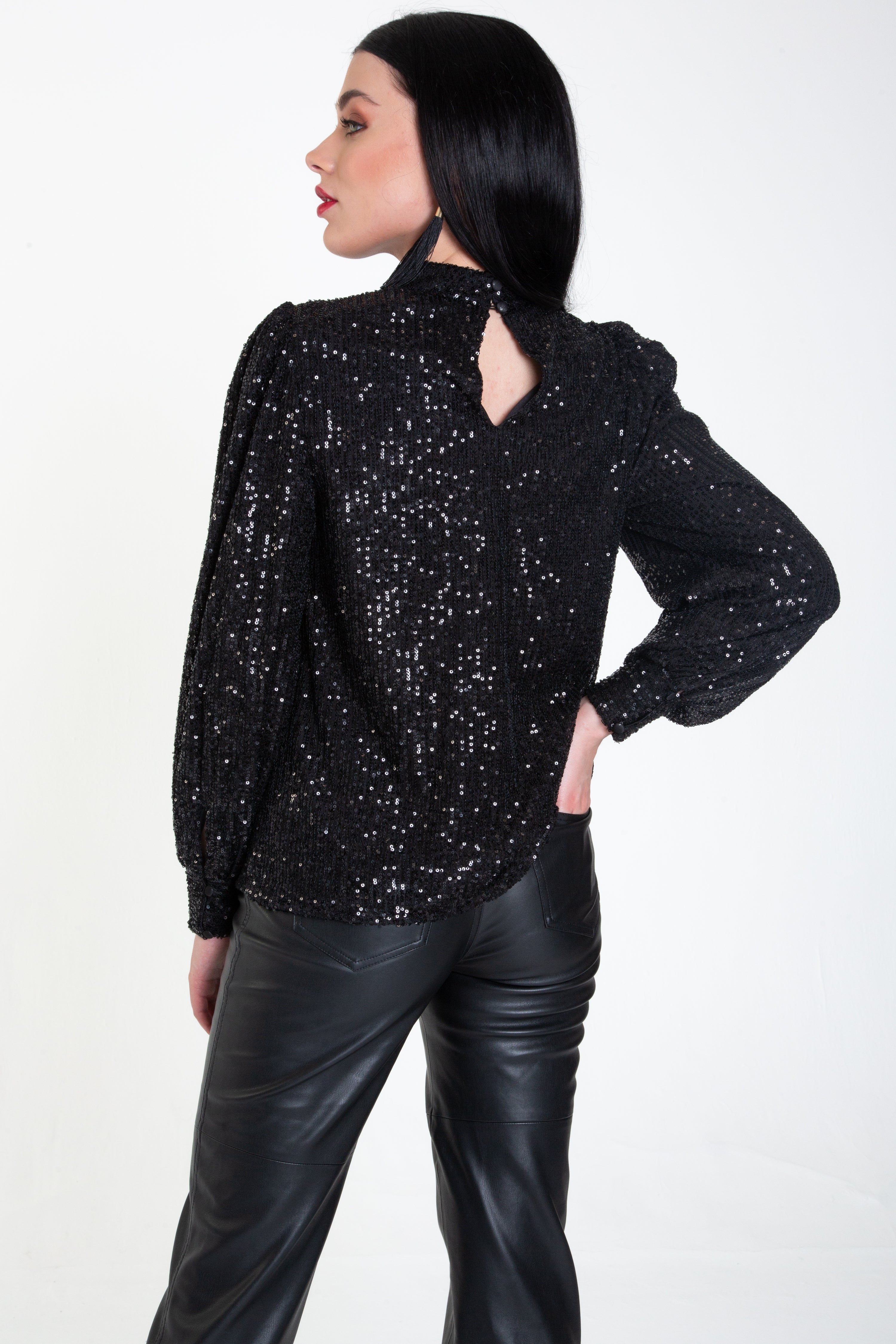 Black Sequin High Neck Loose Fit Blouse