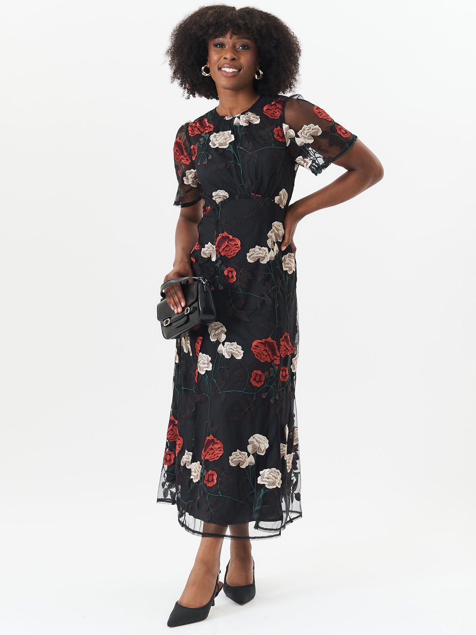 Black Angel Sleeves Embroidered Occasion Midi Dress