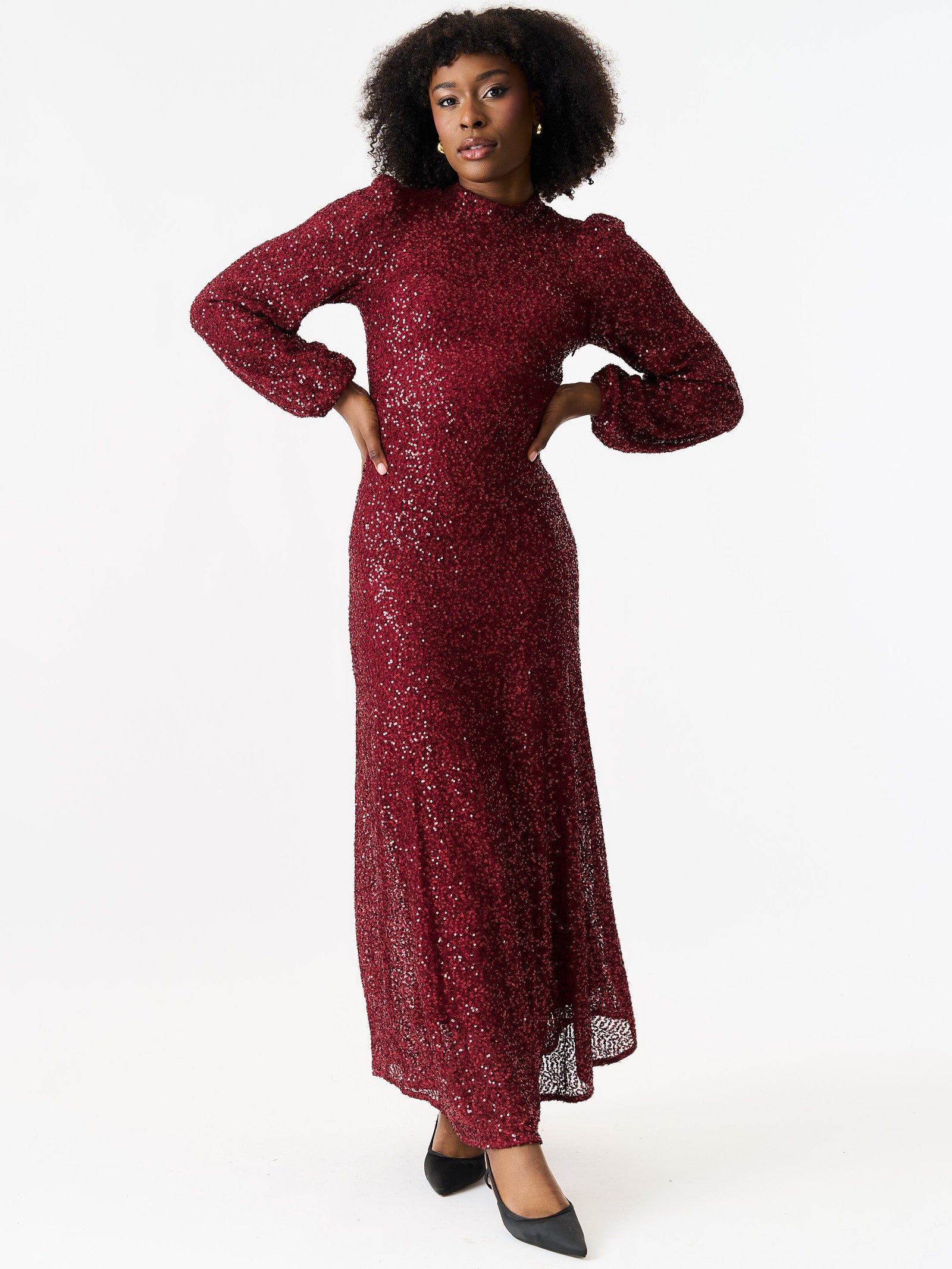 Burgundy Sequin High Neck Occasion Midi Dress