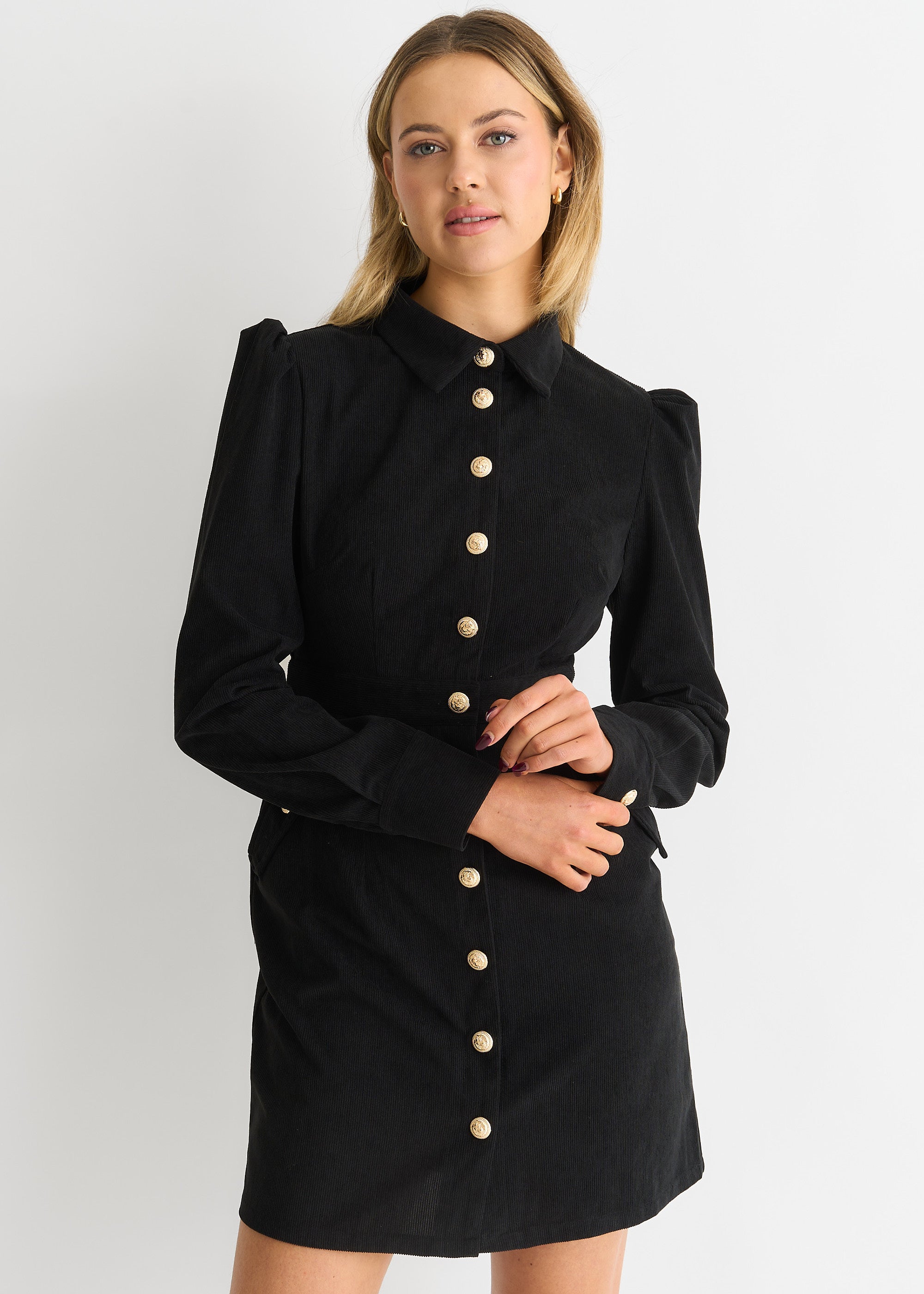 Black Corduroy Mini Shirt Dress