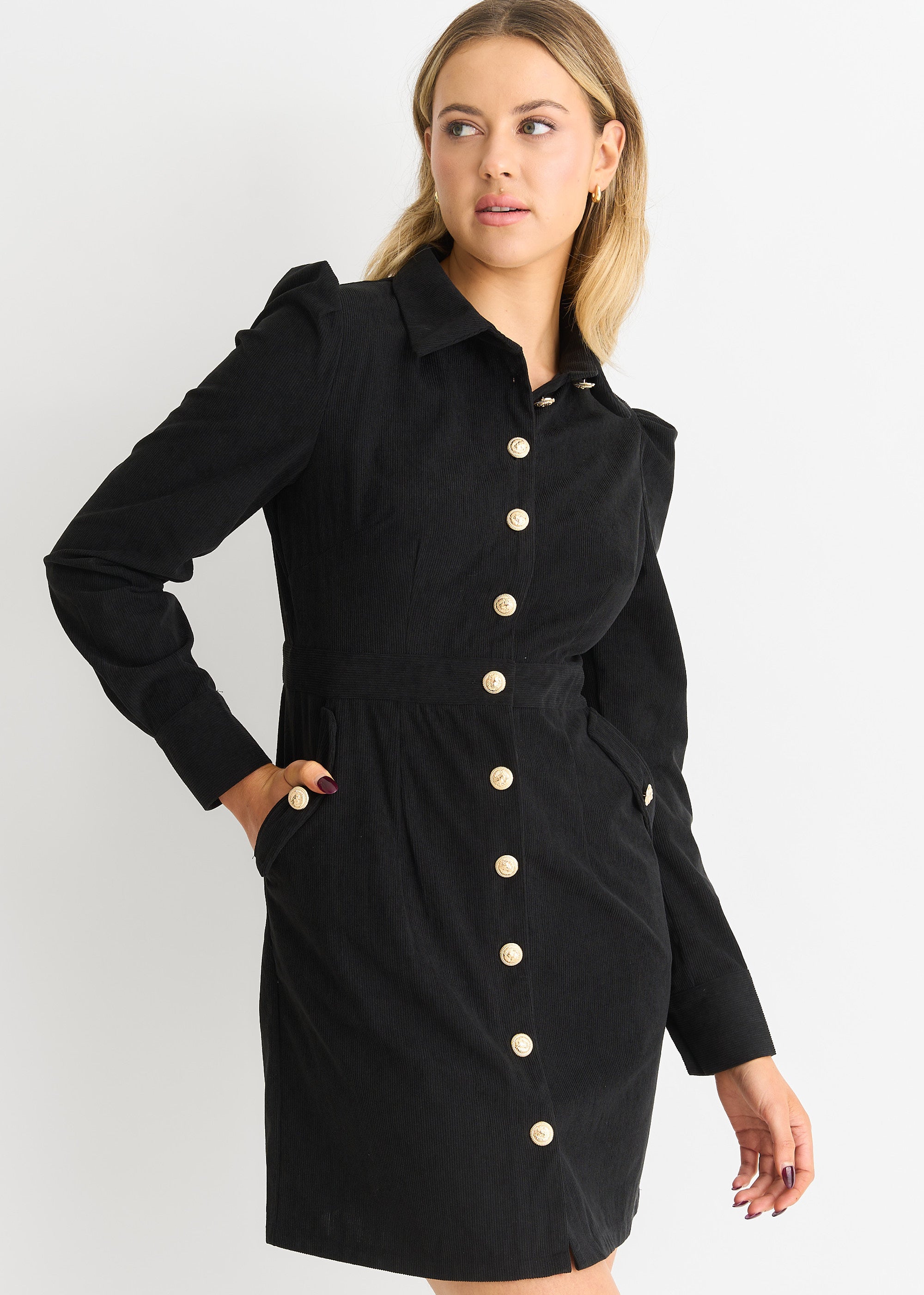 Black Corduroy Mini Shirt Dress