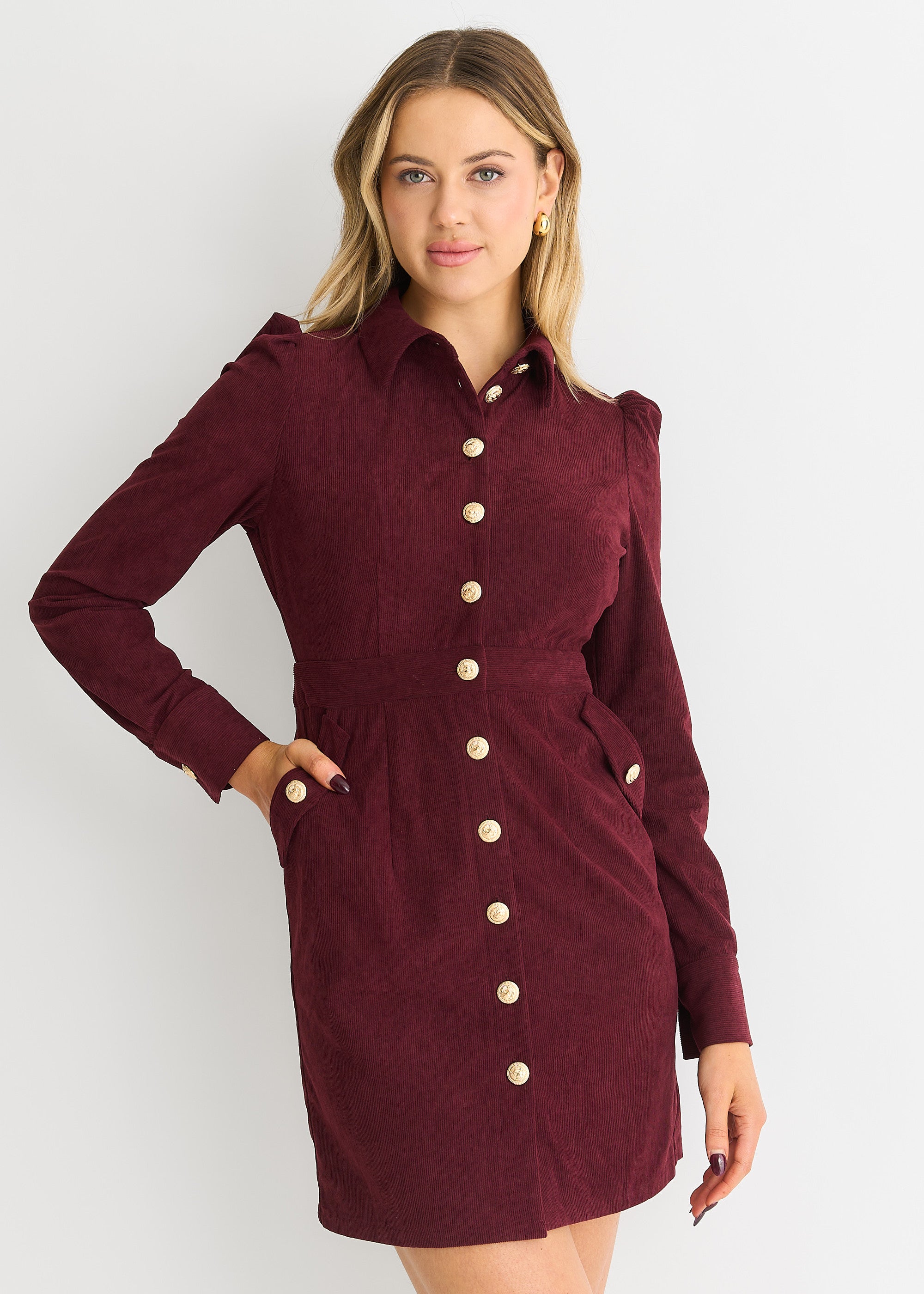 Burgundy Corduroy Mini Shirt Dress