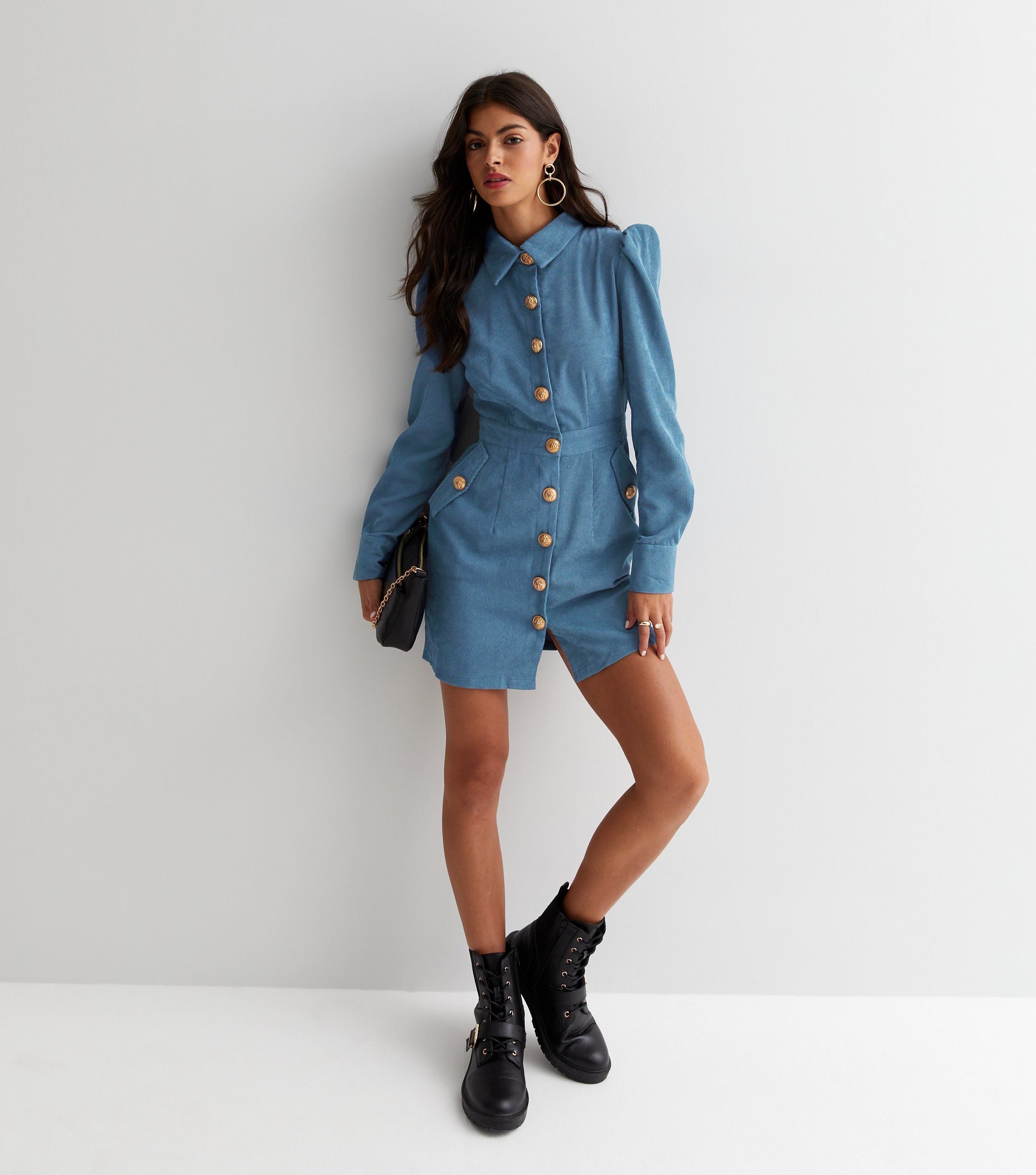 Blue Corduroy Mini Shirt Dress