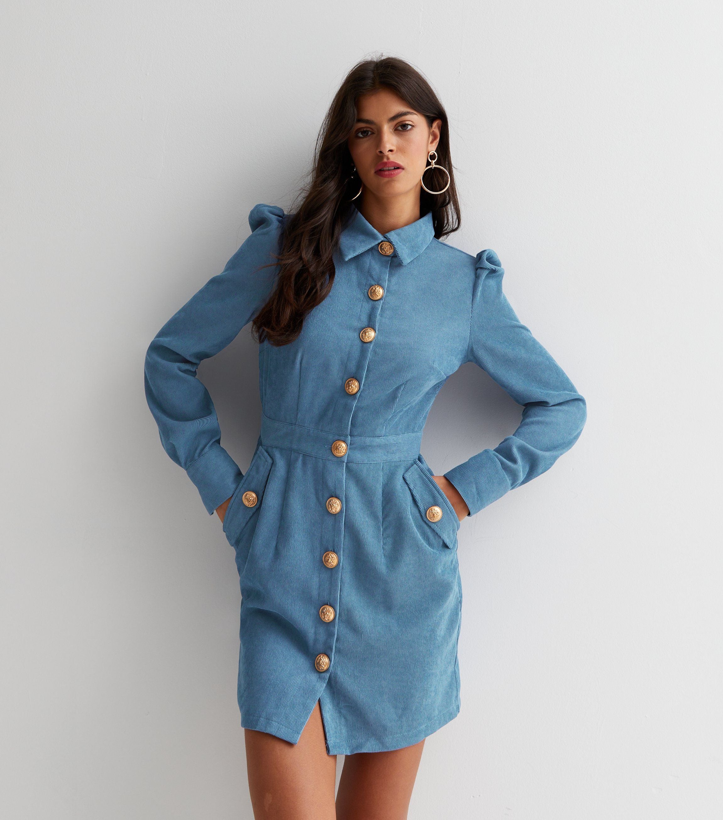 Blue Corduroy Mini Shirt Dress