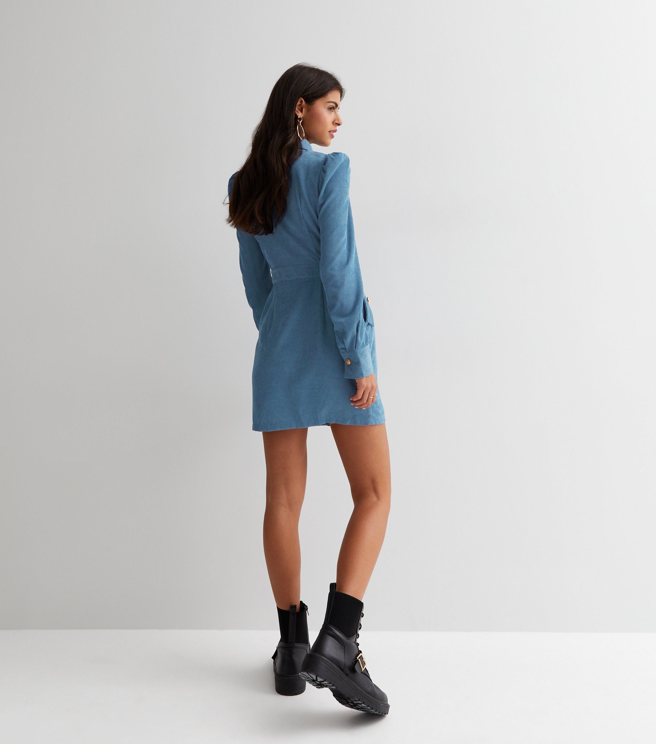 Blue Corduroy Mini Shirt Dress