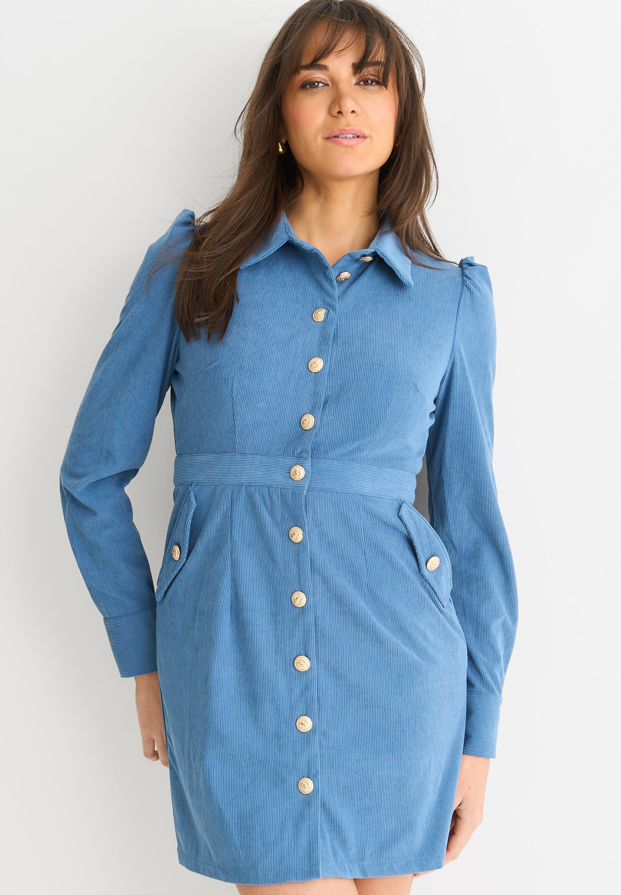 Blue Corduroy Mini Shirt Dress