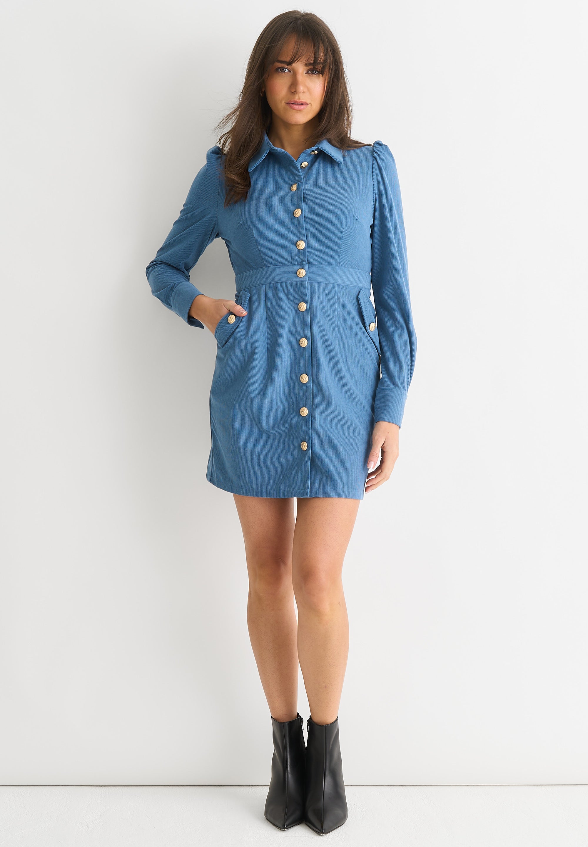 Blue Corduroy Mini Shirt Dress