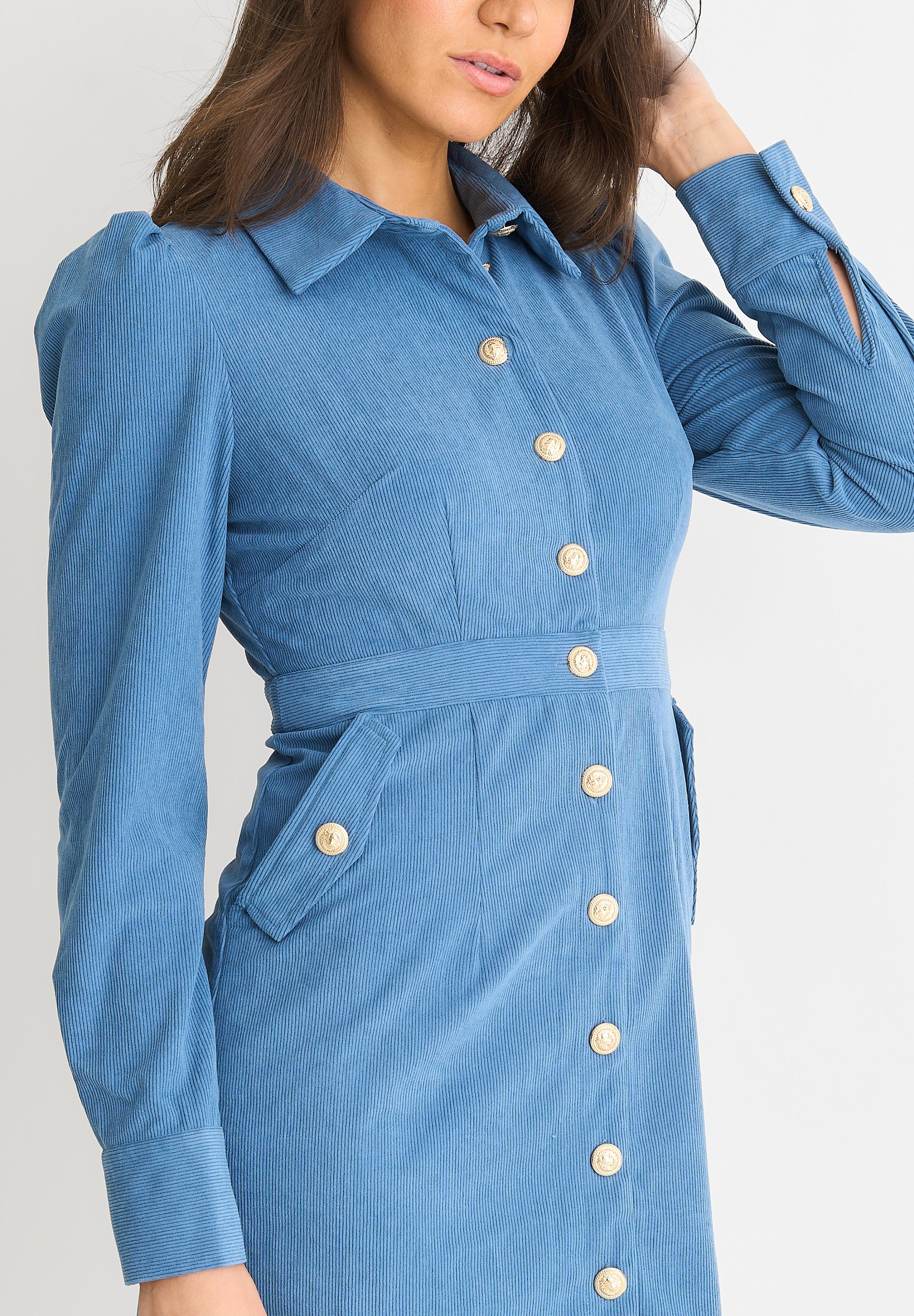 Blue Corduroy Mini Shirt Dress