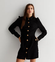 Black Corduroy Mini Shirt Dress