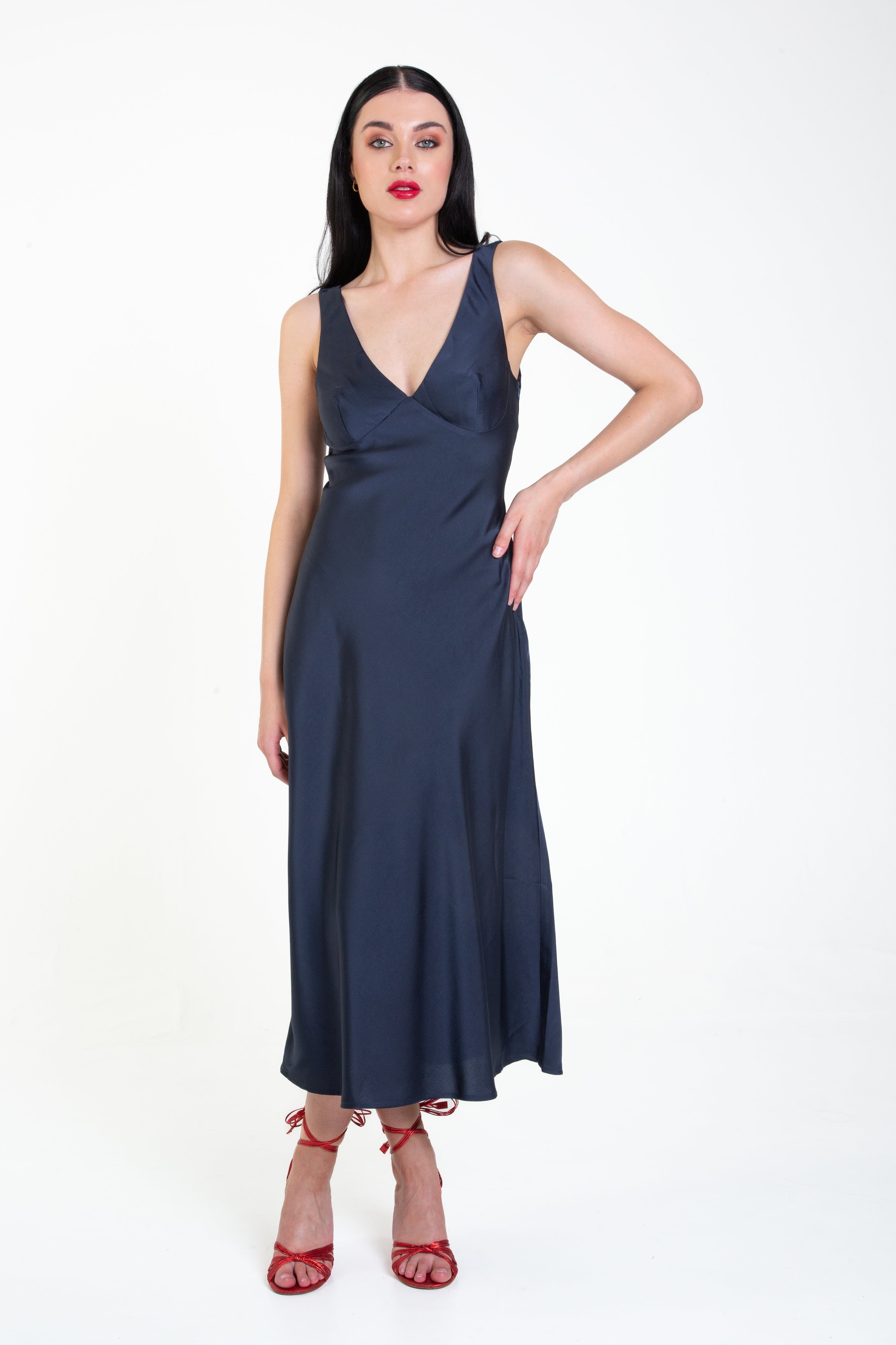 Navy Satin Midi Slip Dress