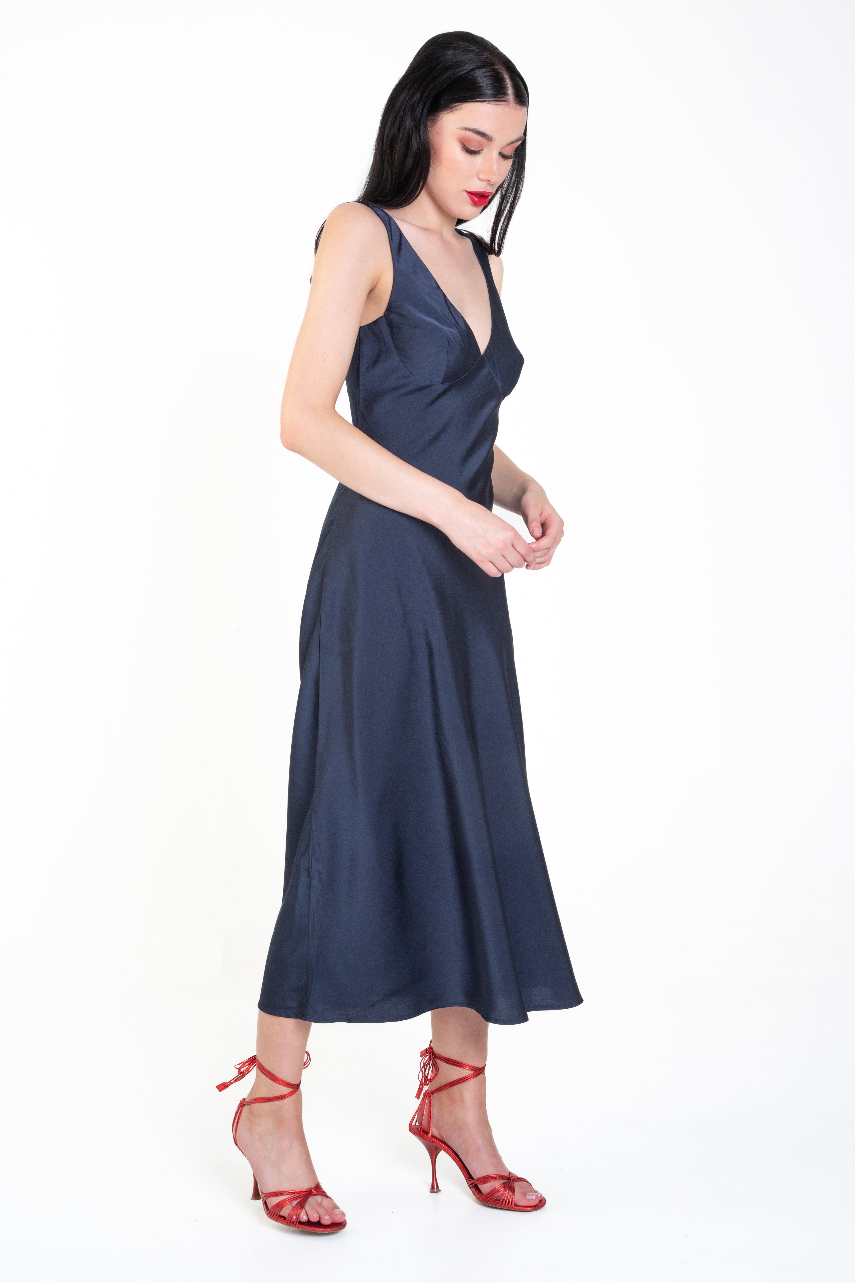 Navy Satin Midi Slip Dress