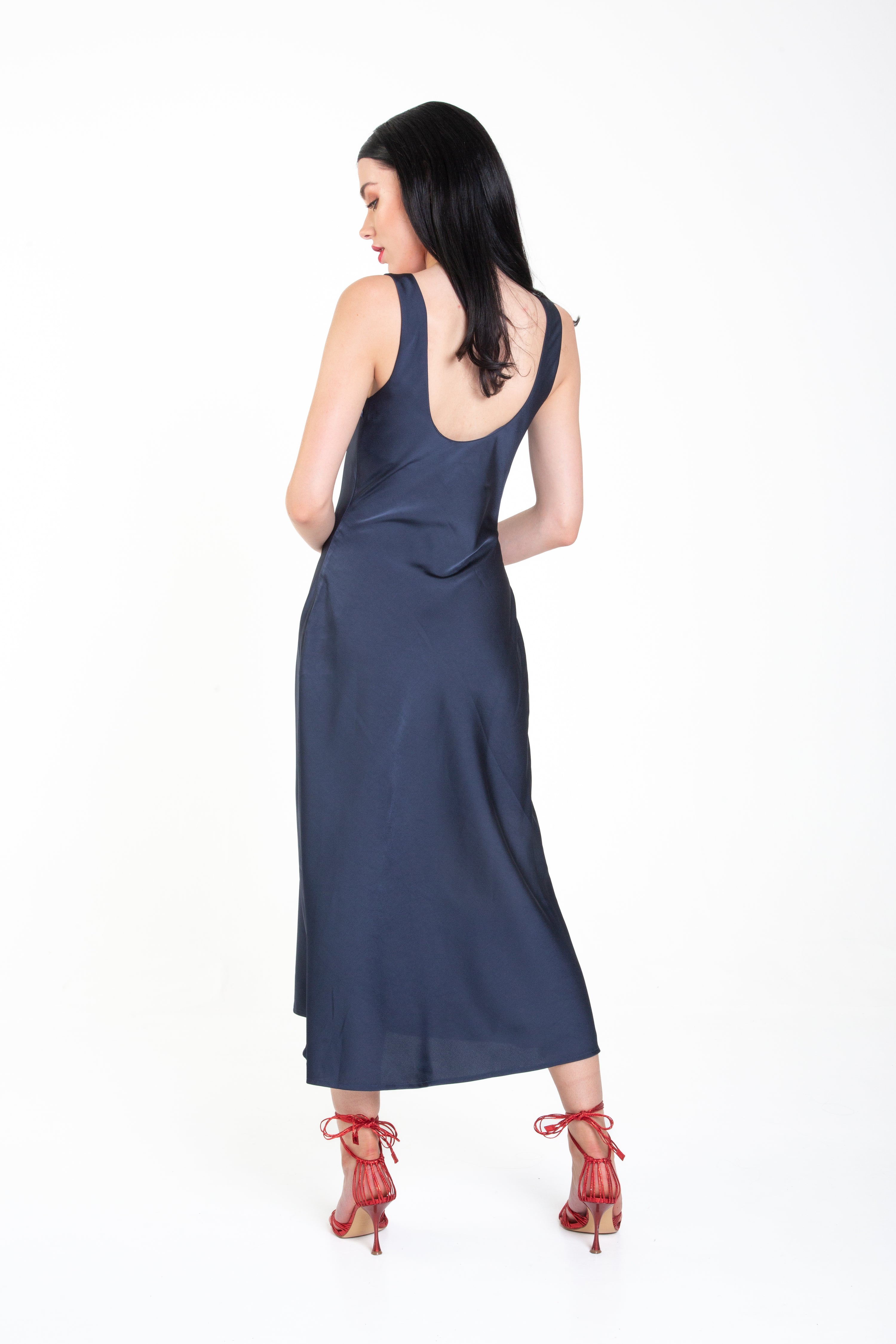 Navy Satin Midi Slip Dress