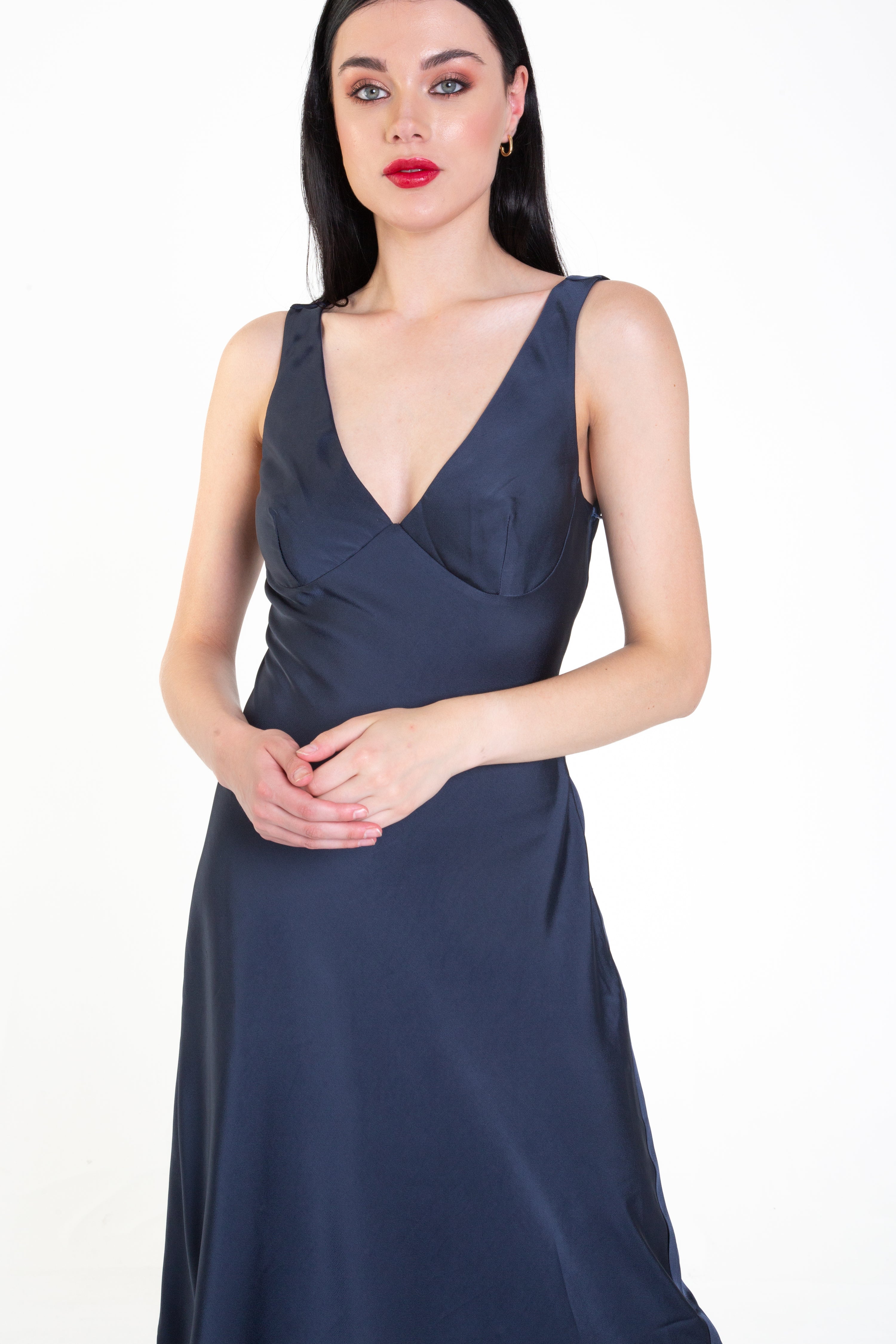 Navy Satin Midi Slip Dress