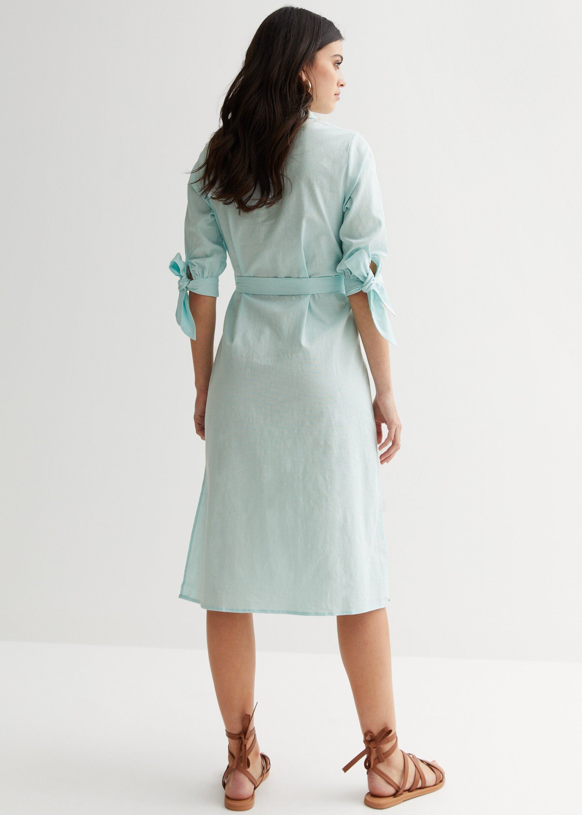 Blue Tie Sleeves Midi Shirt Dress