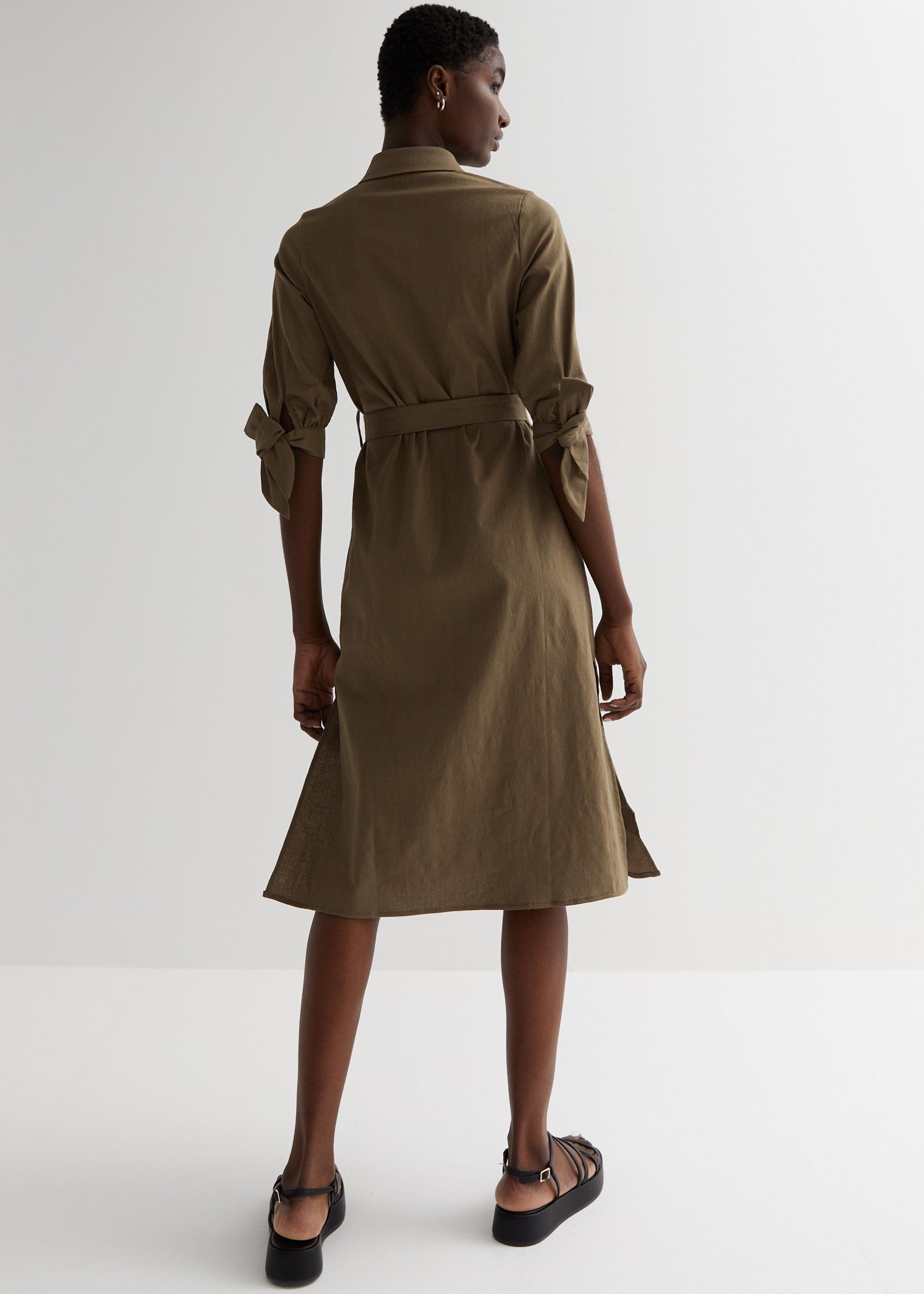 Khaki Tie Sleeves Midi Shirt Dress