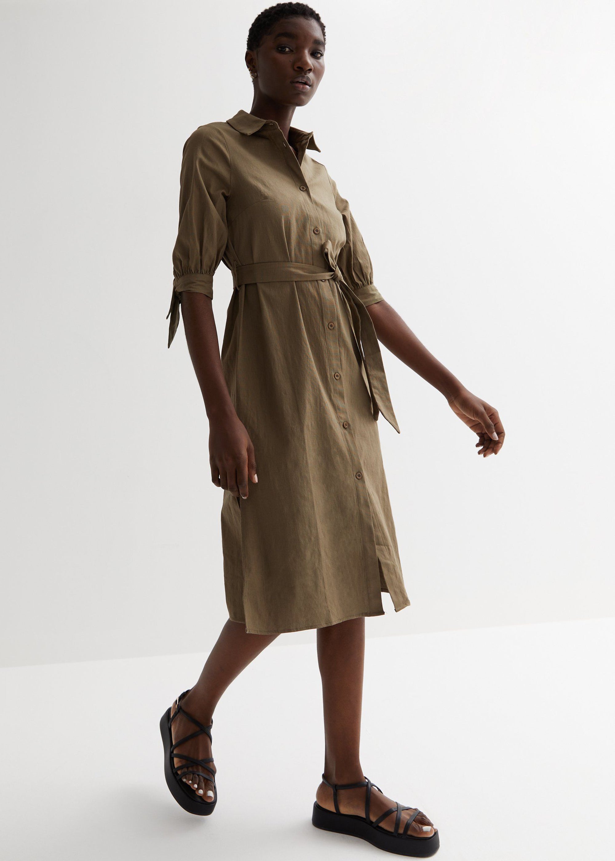 Khaki Tie Sleeves Midi Shirt Dress