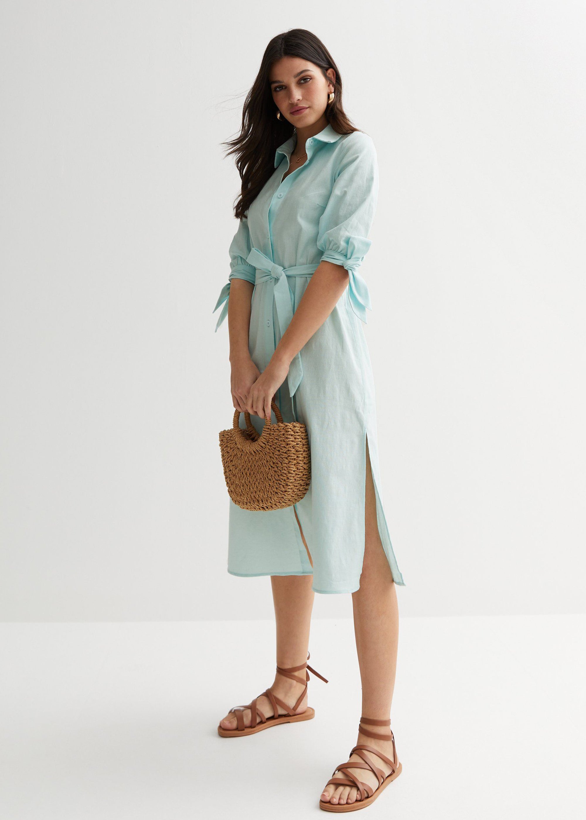 Blue Tie Sleeves Midi Shirt Dress