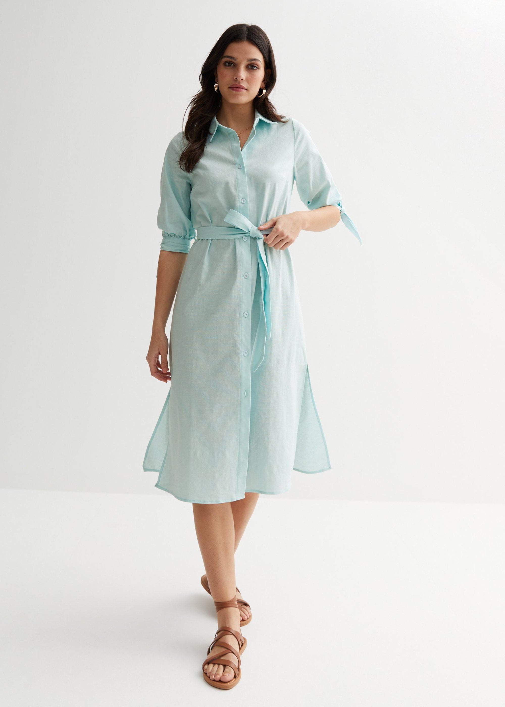 Blue Tie Sleeves Midi Shirt Dress