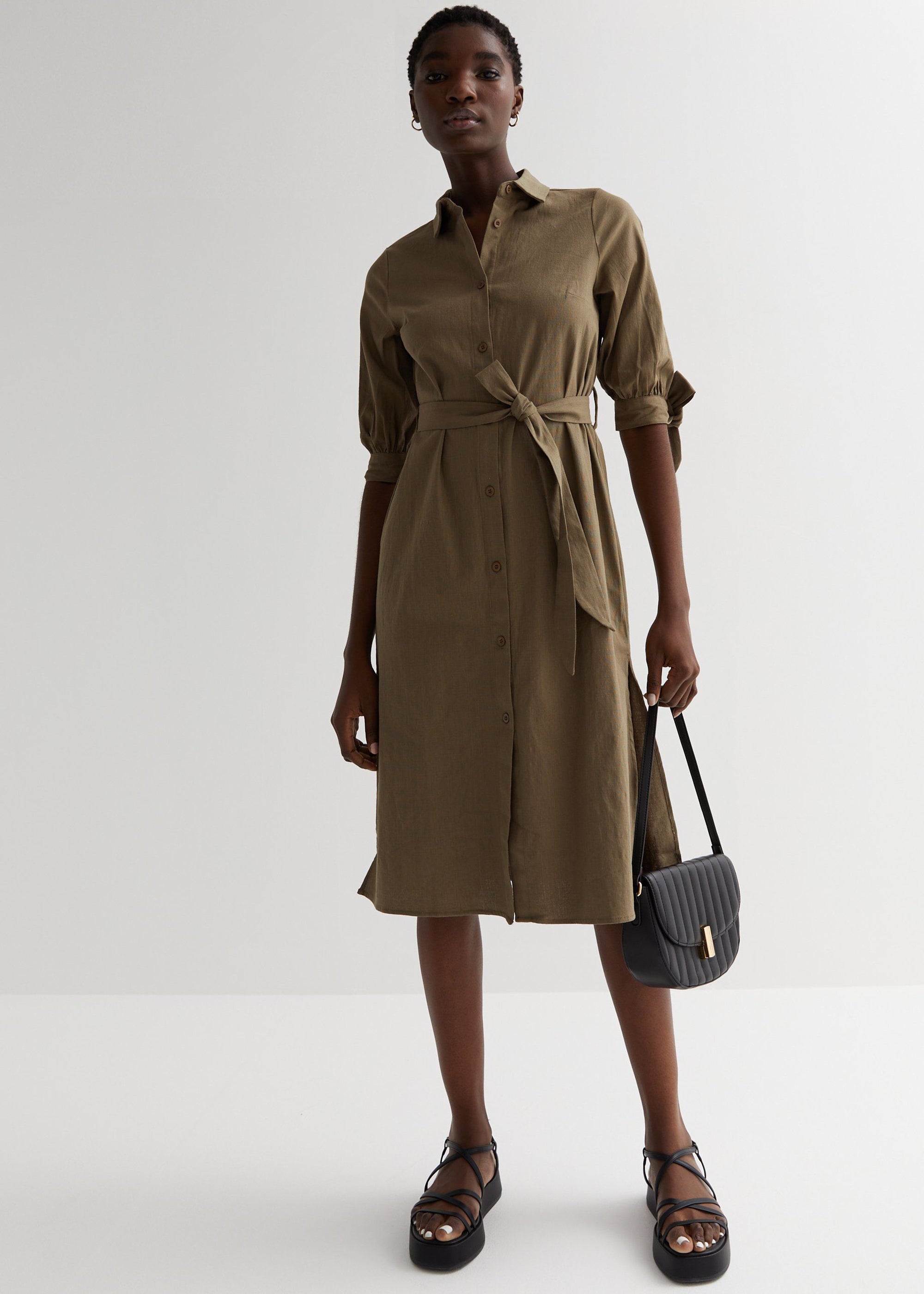 Khaki Tie Sleeves Midi Shirt Dress