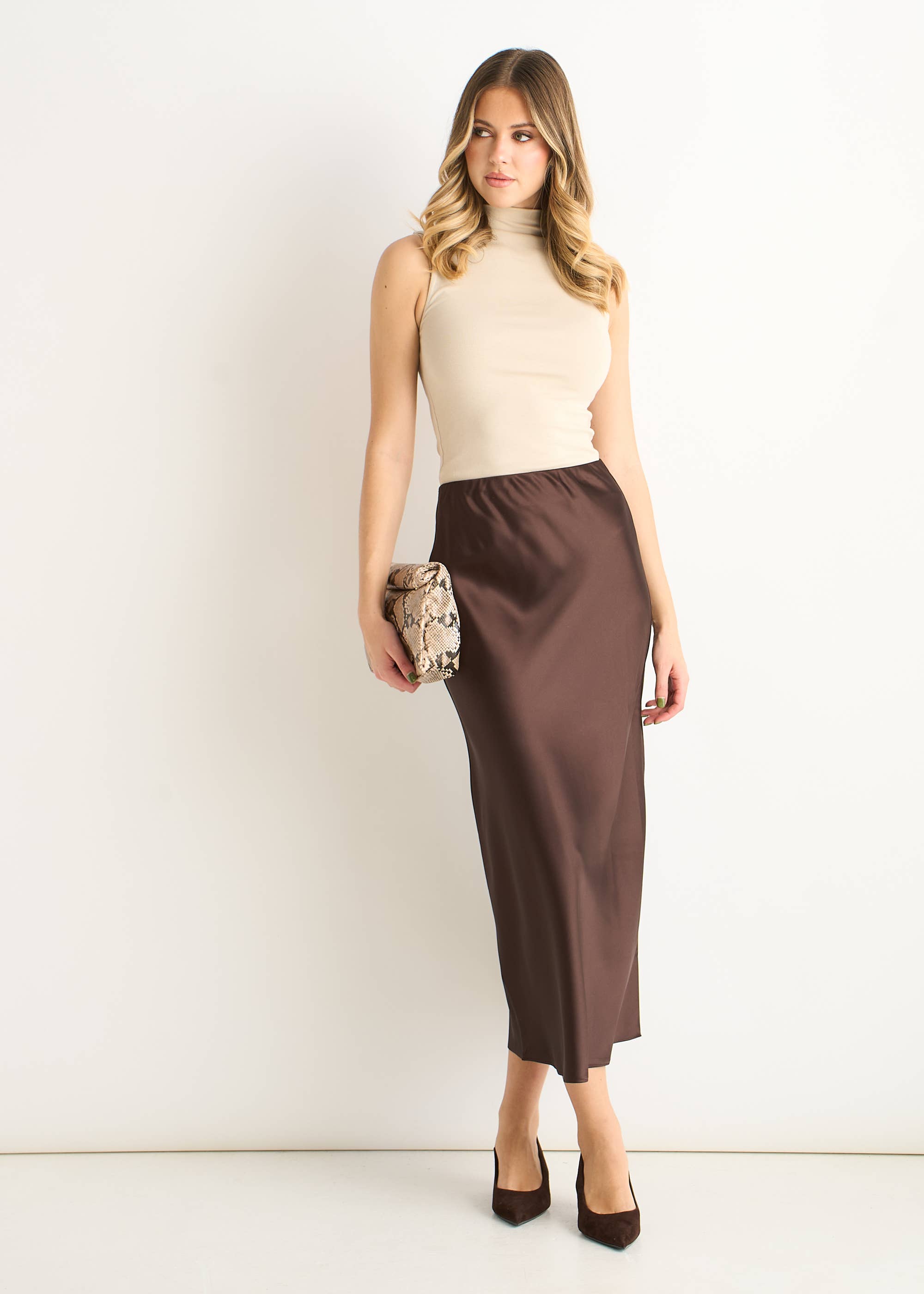 Chocolate Elastic Waist Satin Bias Cut Midi Skirt