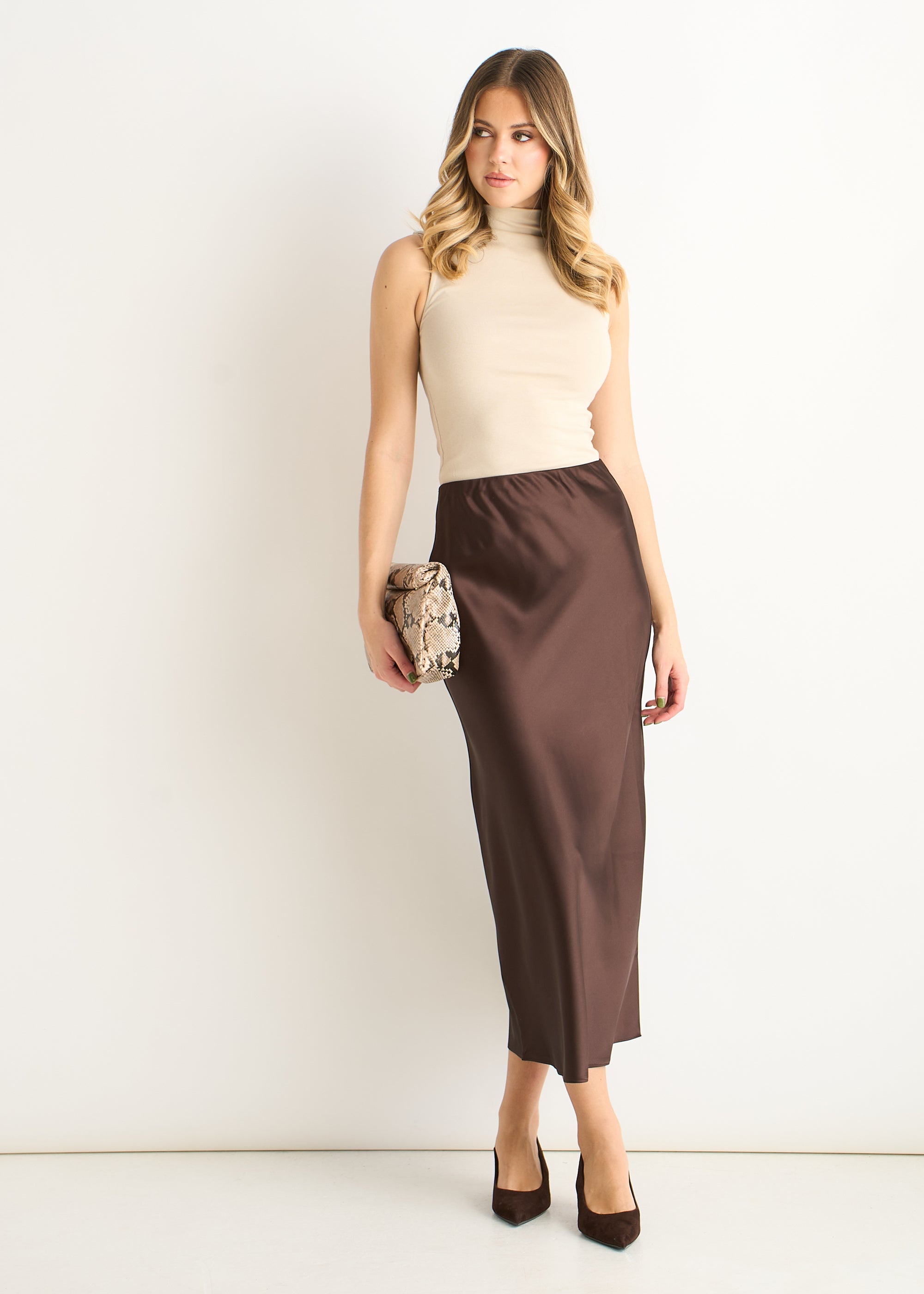 Chocolate Elastic Waist Satin Bias Cut Midi Skirt