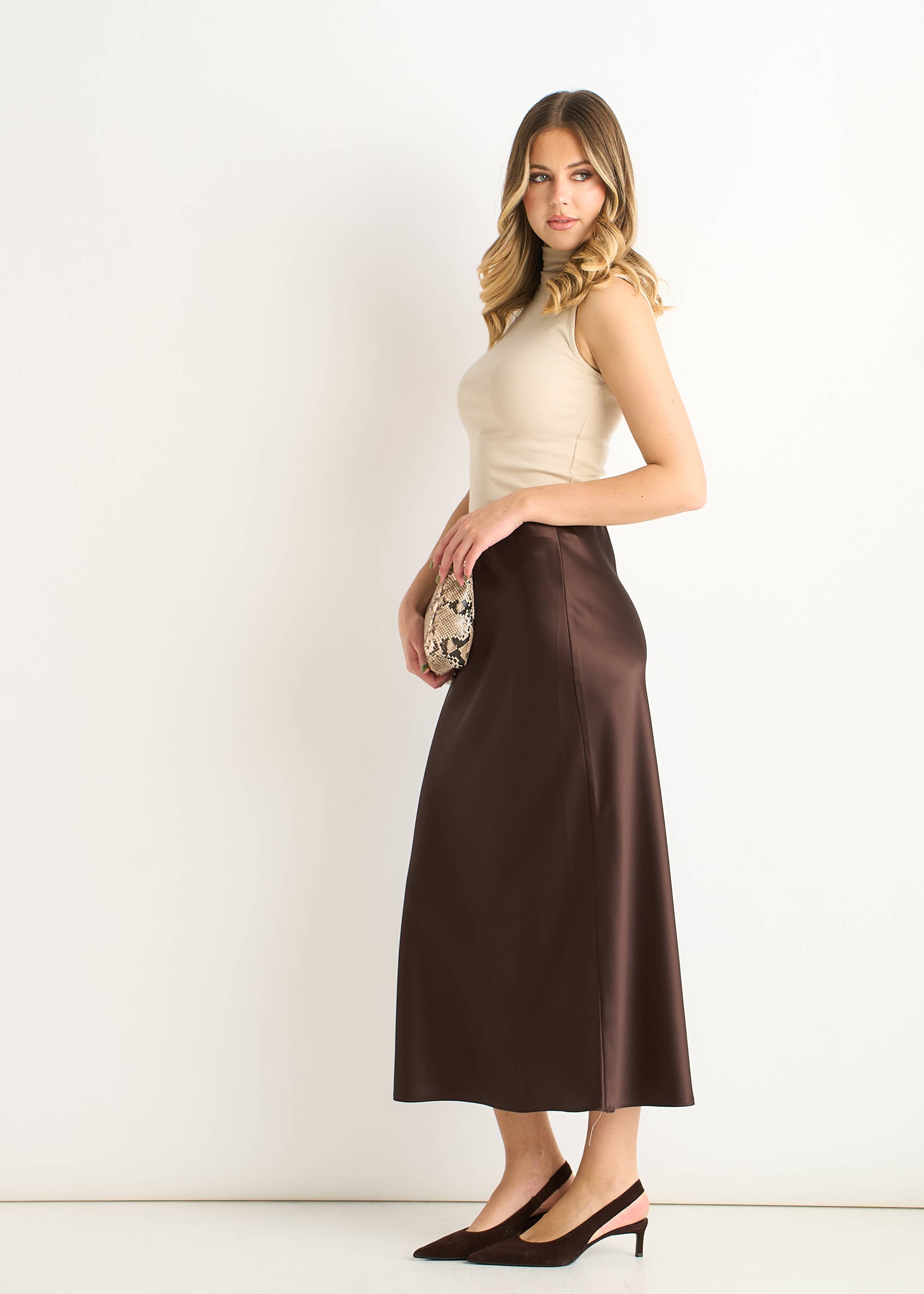 Chocolate Elastic Waist Satin Bias Cut Midi Skirt