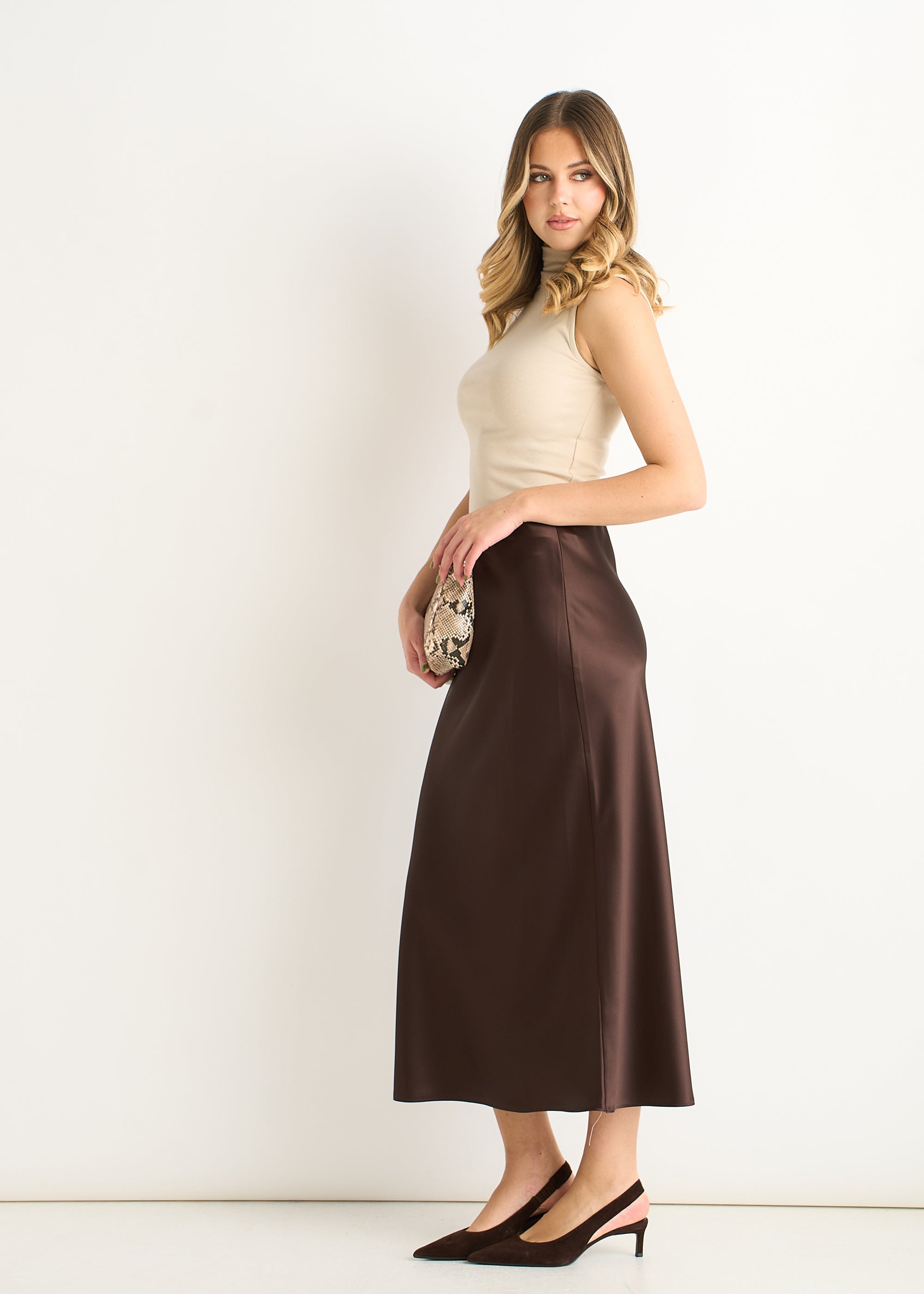 Chocolate Elastic Waist Satin Bias Cut Midi Skirt