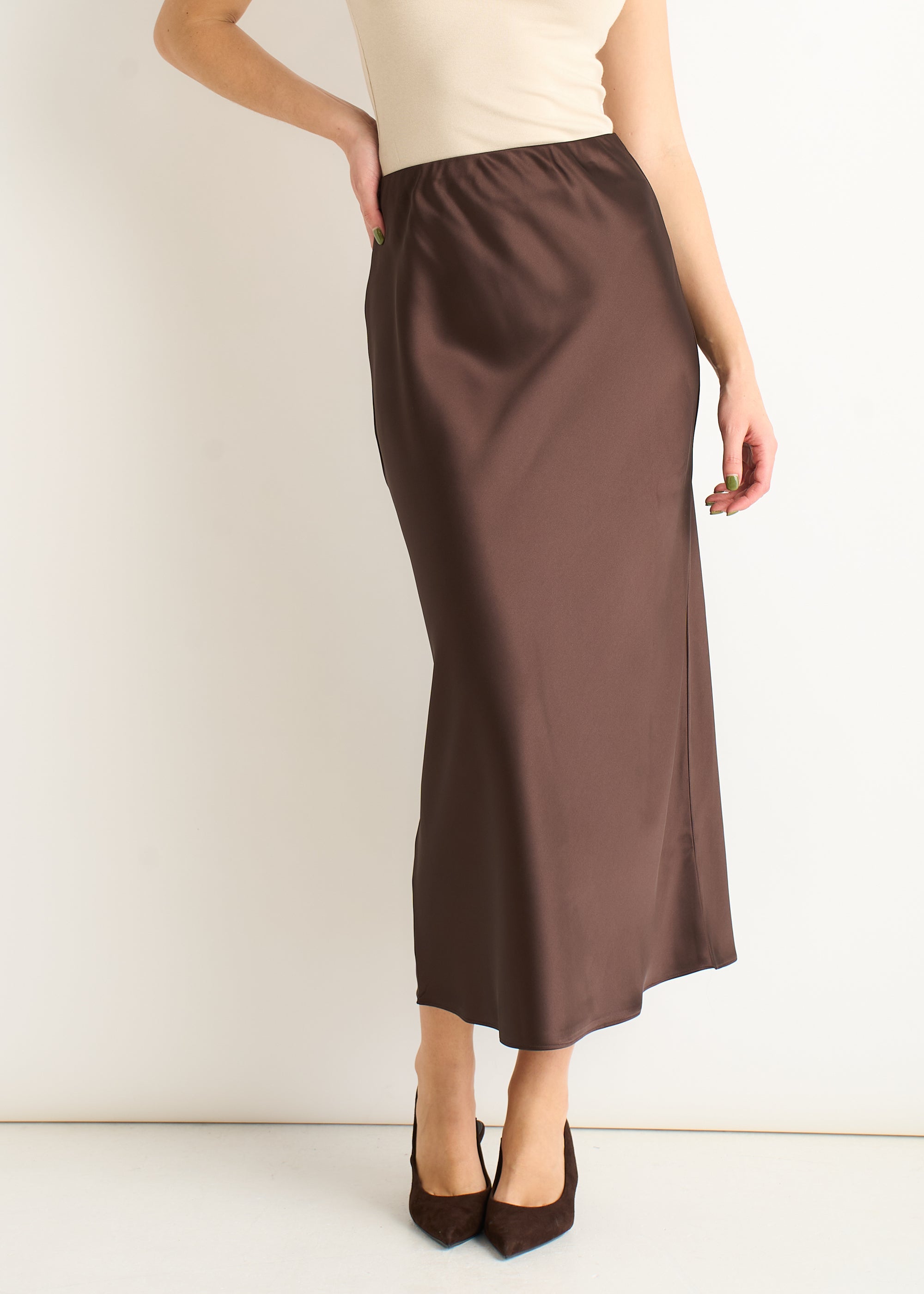 Chocolate Elastic Waist Satin Bias Cut Midi Skirt
