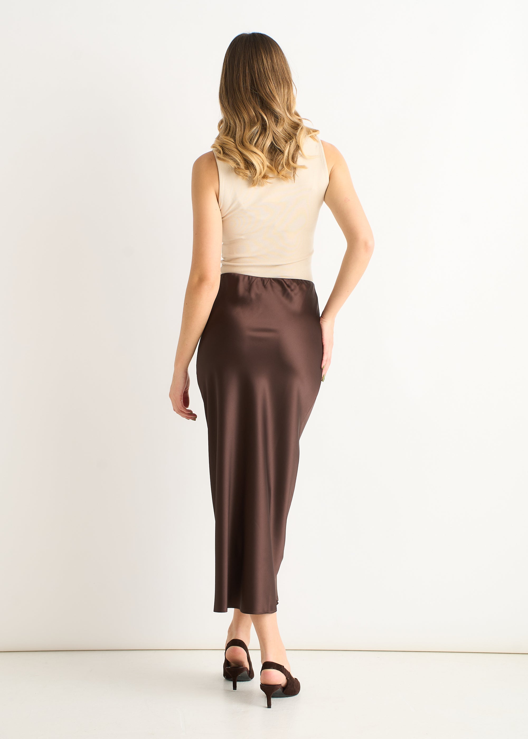 Chocolate Elastic Waist Satin Bias Cut Midi Skirt
