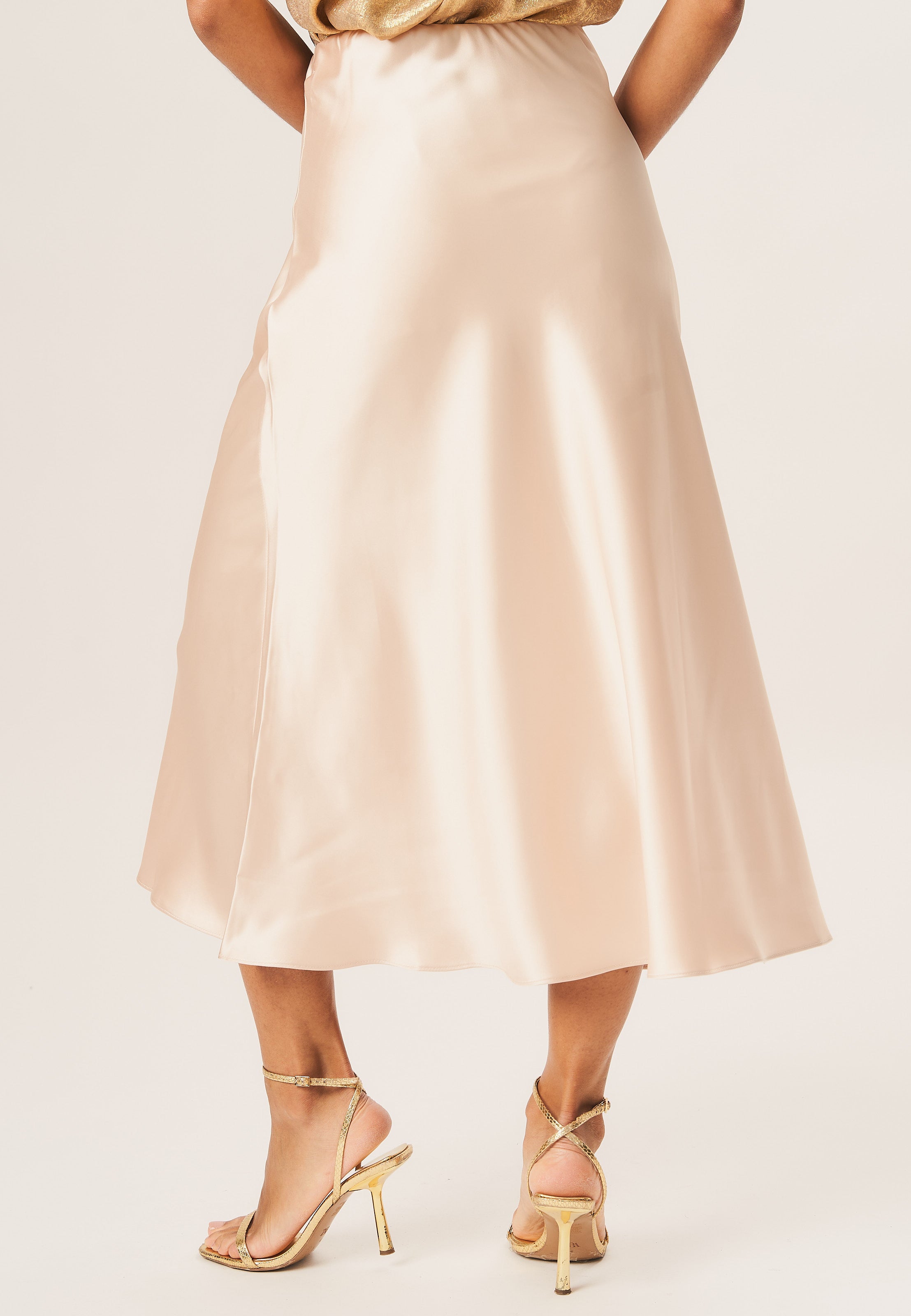 Beige Satin Bias Cut Midi Skirt