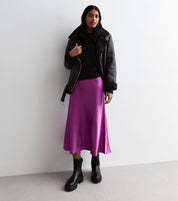 Purple Satin Bias Cut Midi Skirt