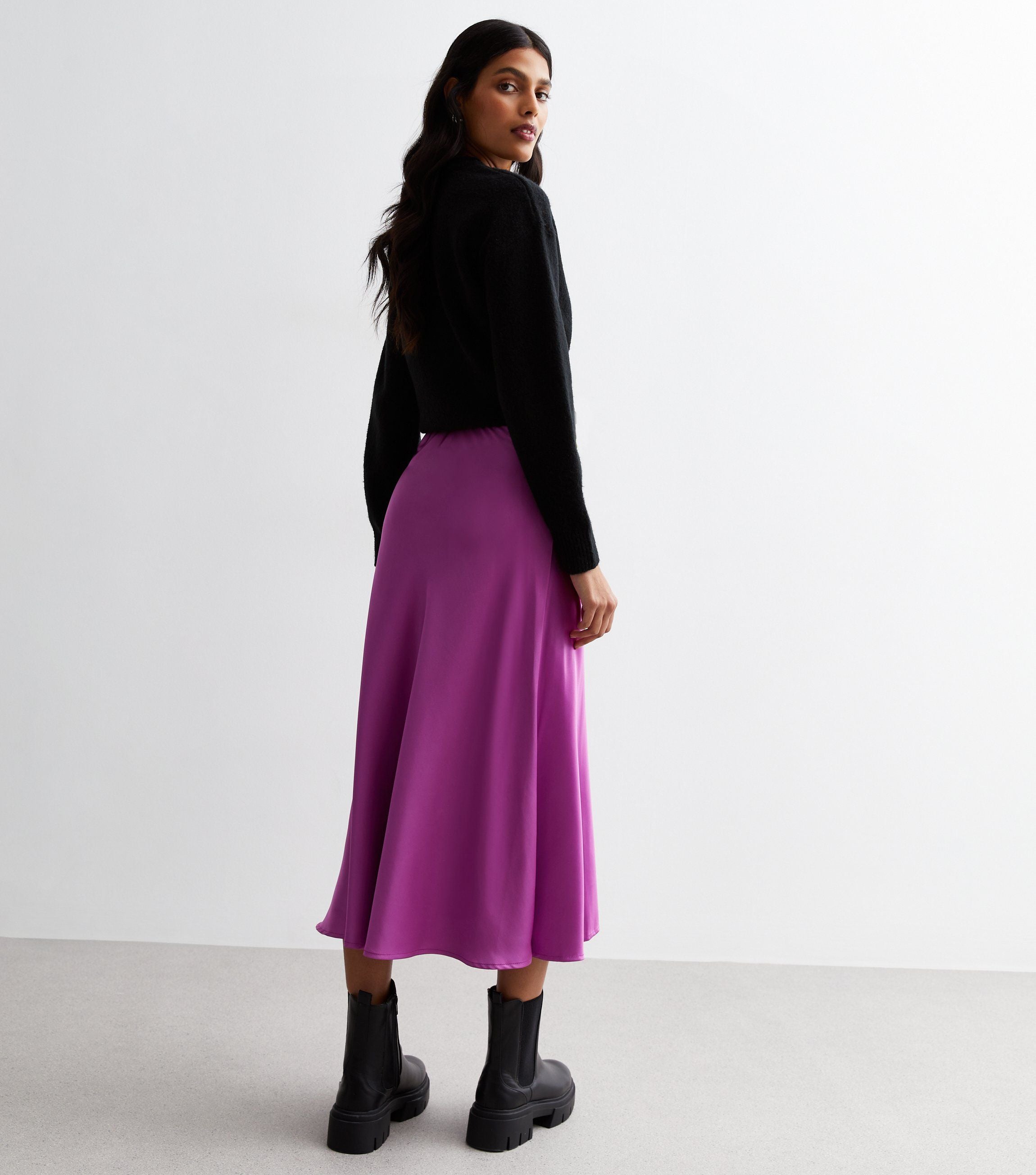 Purple Satin Bias Cut Midi Skirt