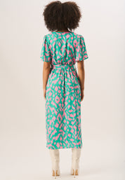 Green Abstract Print Belted Wrap Dress