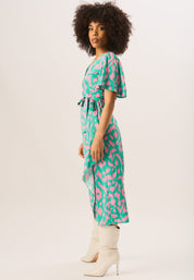 Green Abstract Print Belted Wrap Dress