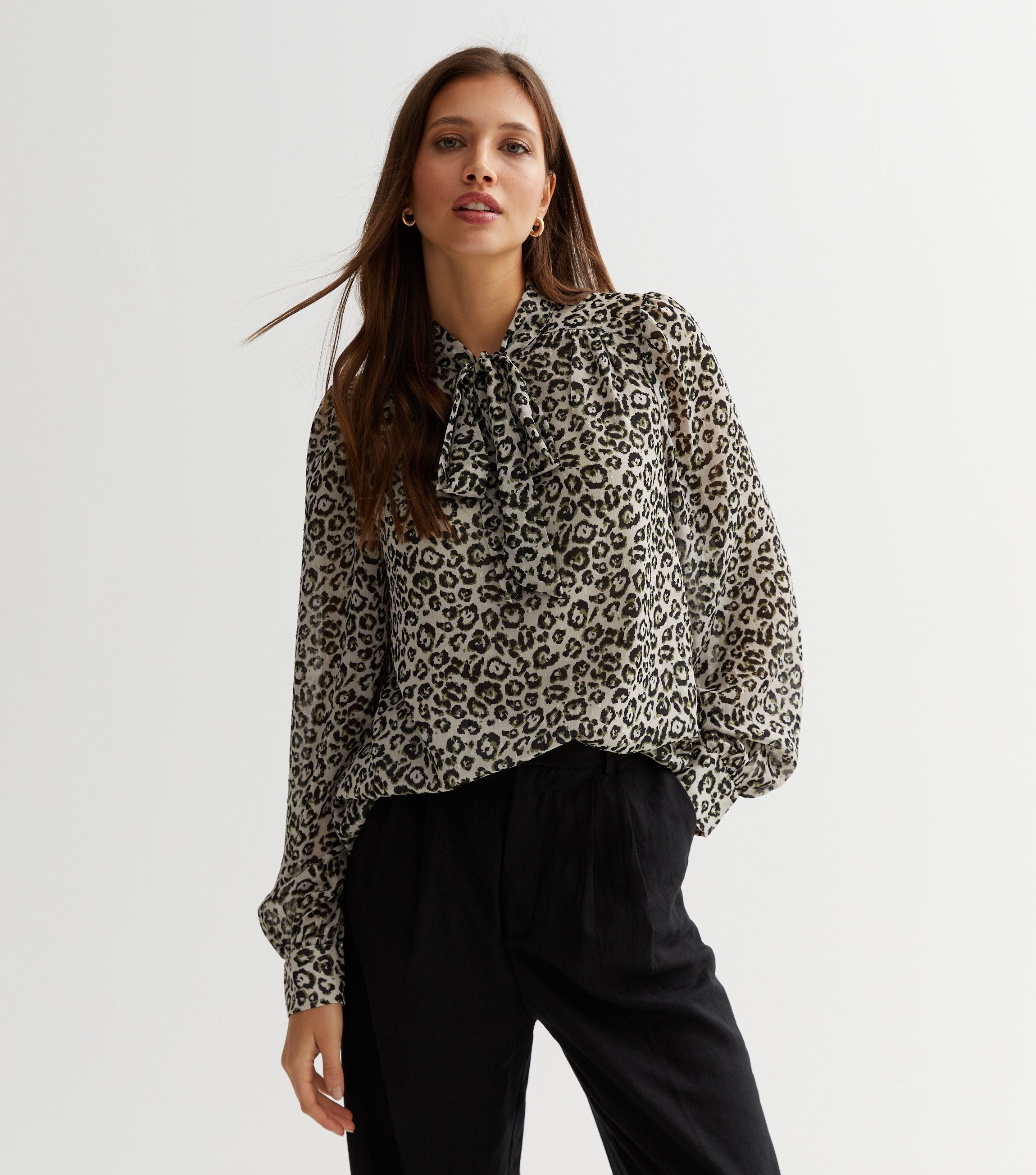 Black Animal Print Long SLeeves Tie Neck Blouse